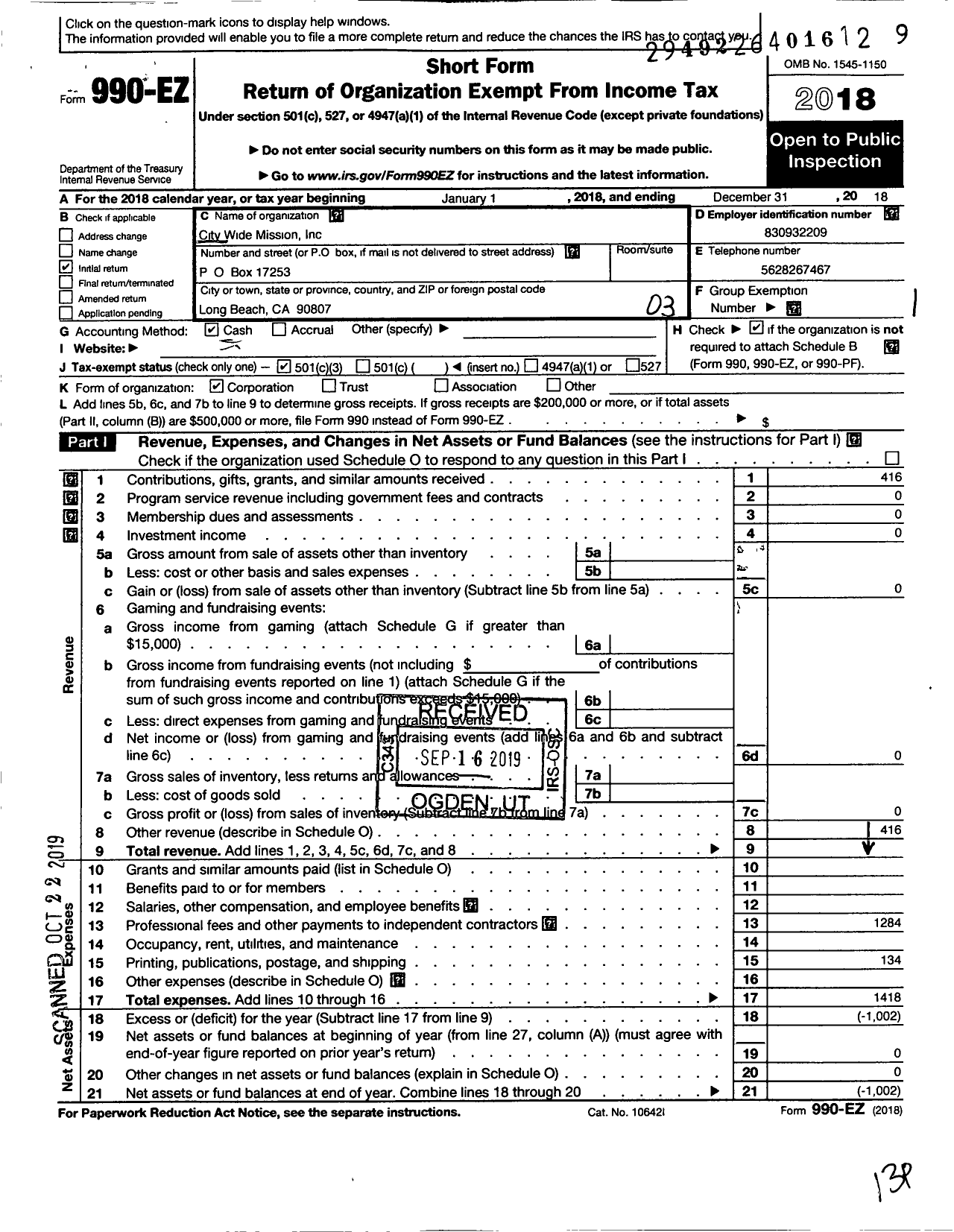 Image of first page of 2018 Form 990EZ for City Wide Mission