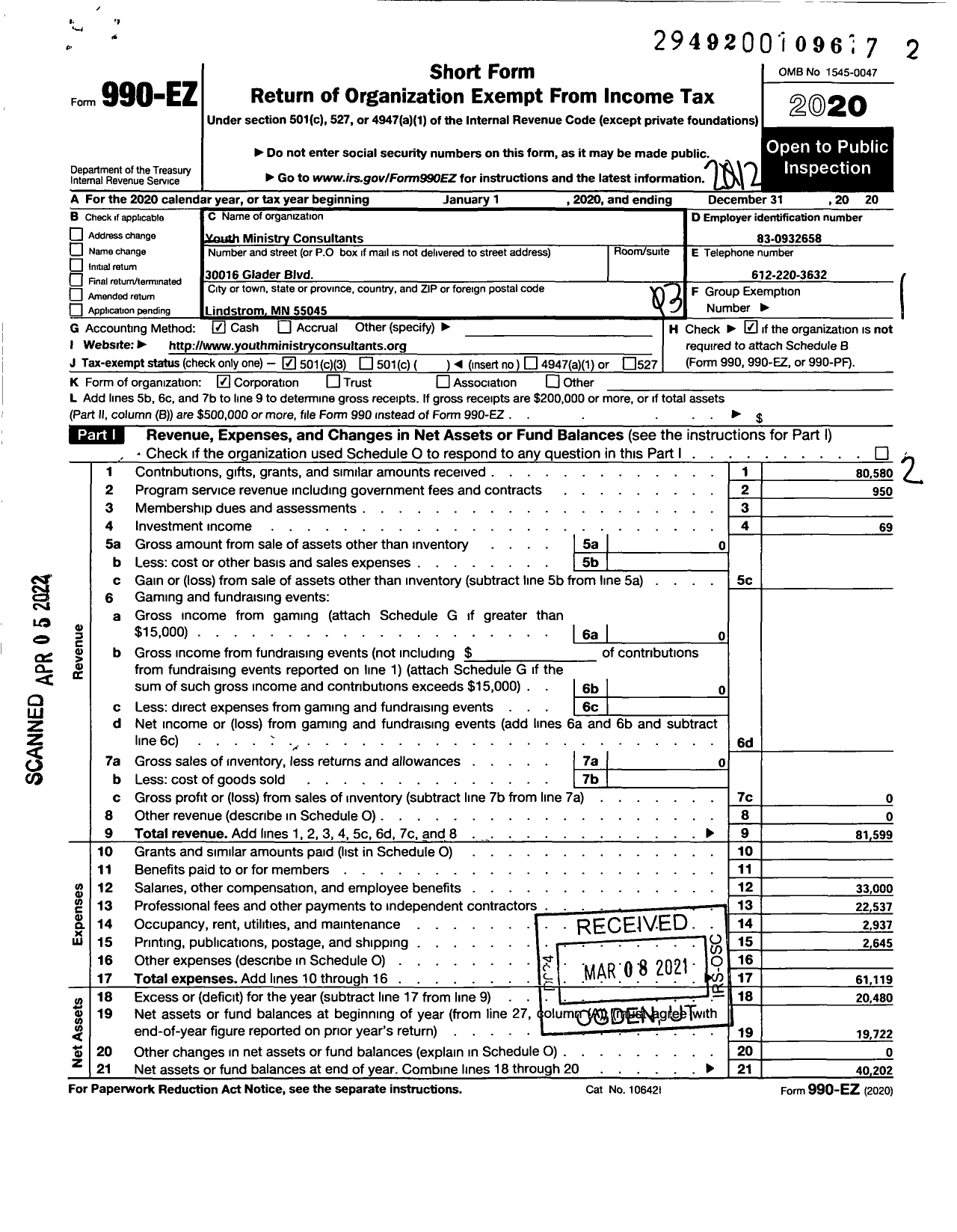 Image of first page of 2020 Form 990EZ for Youth Ministry Consultants