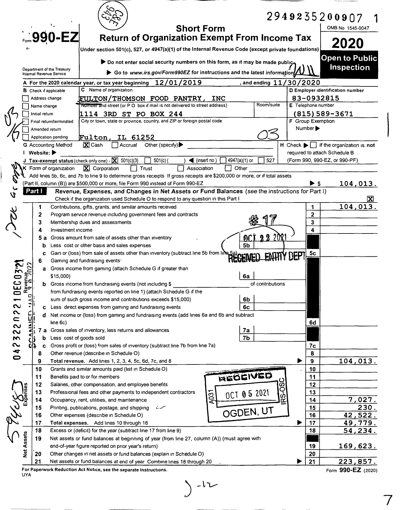 Image of first page of 2019 Form 990EZ for Fultonthomson Food Pantry