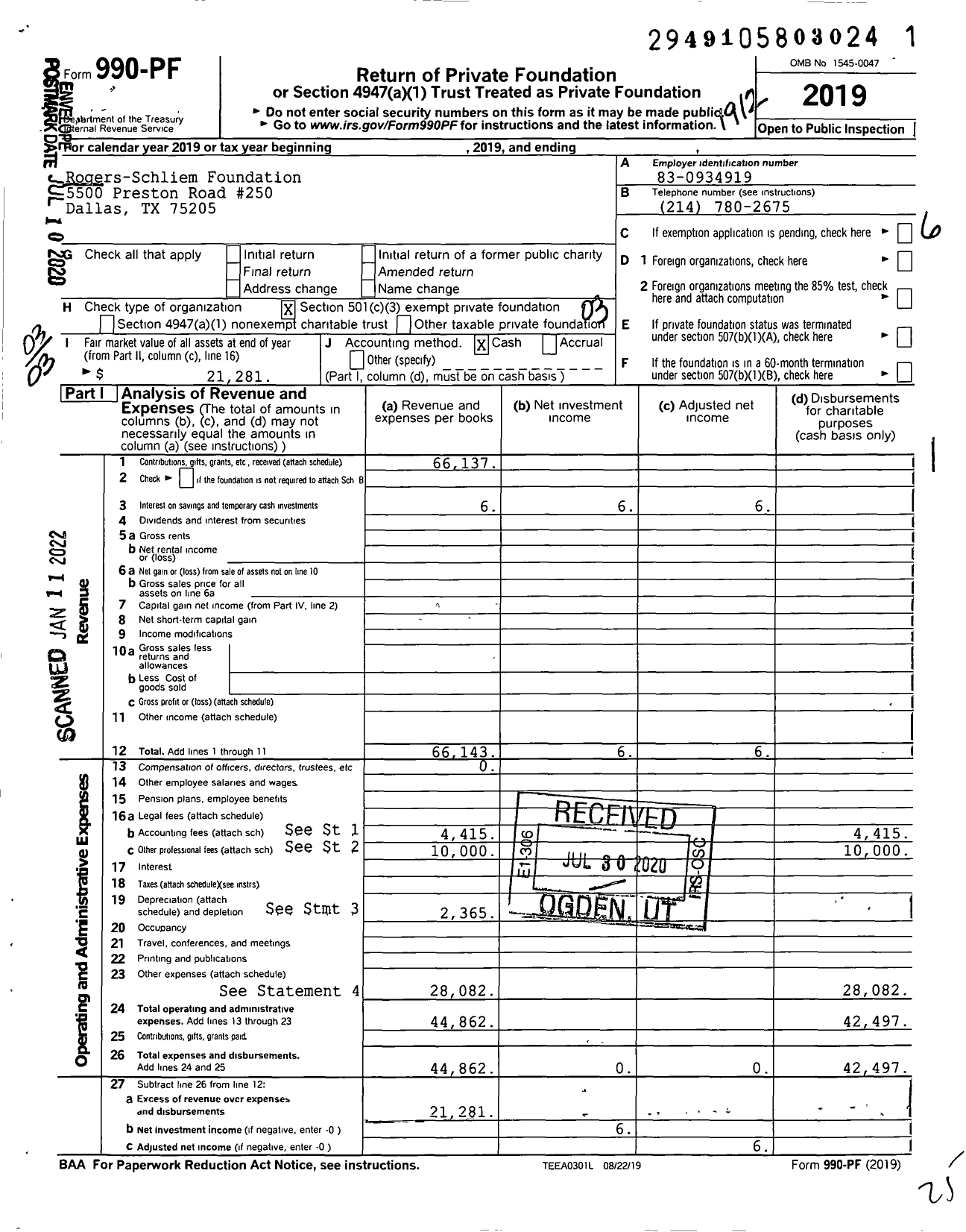 Image of first page of 2019 Form 990PF for Rogers-Schliem Foundation