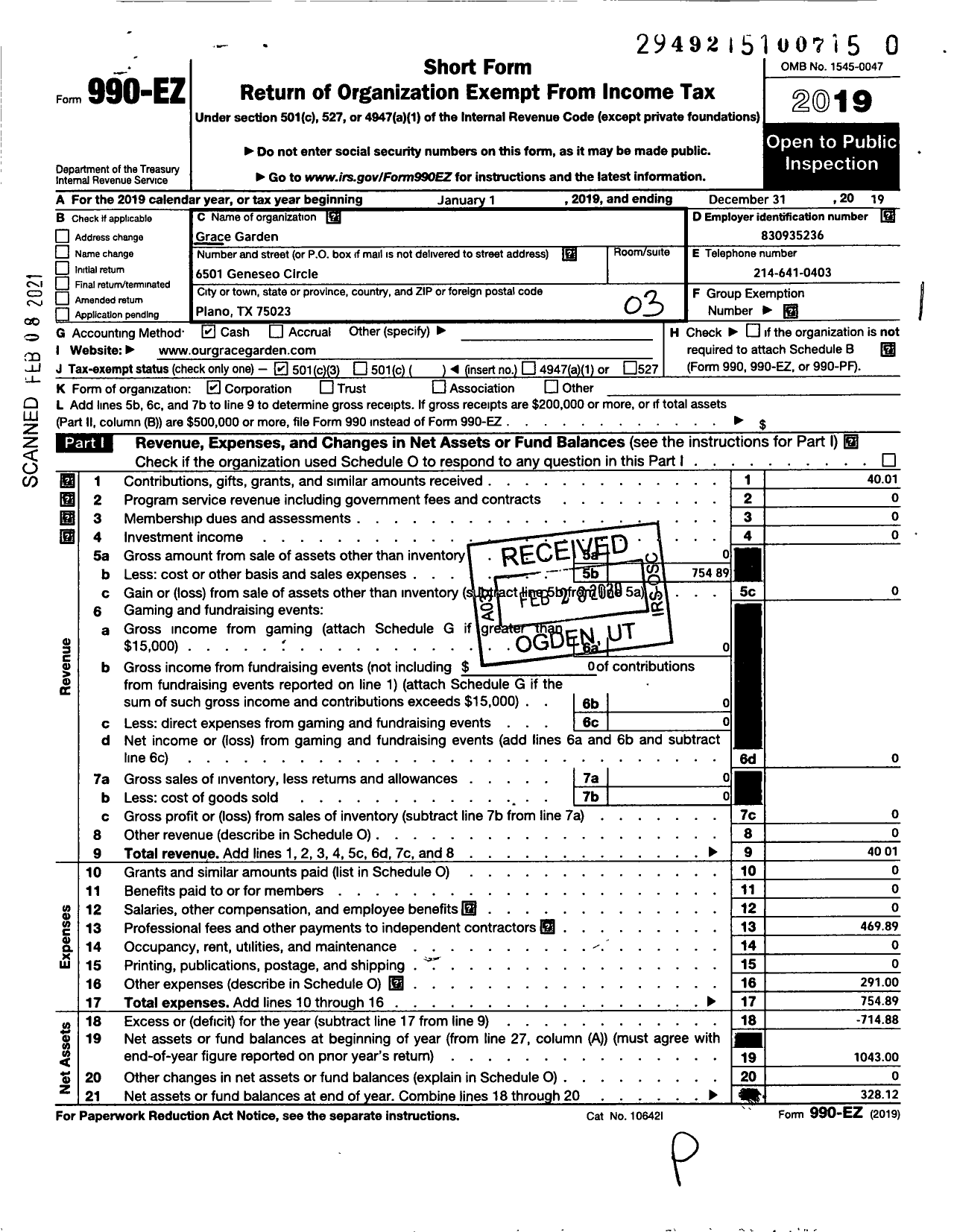 Image of first page of 2019 Form 990EZ for Grace Garden