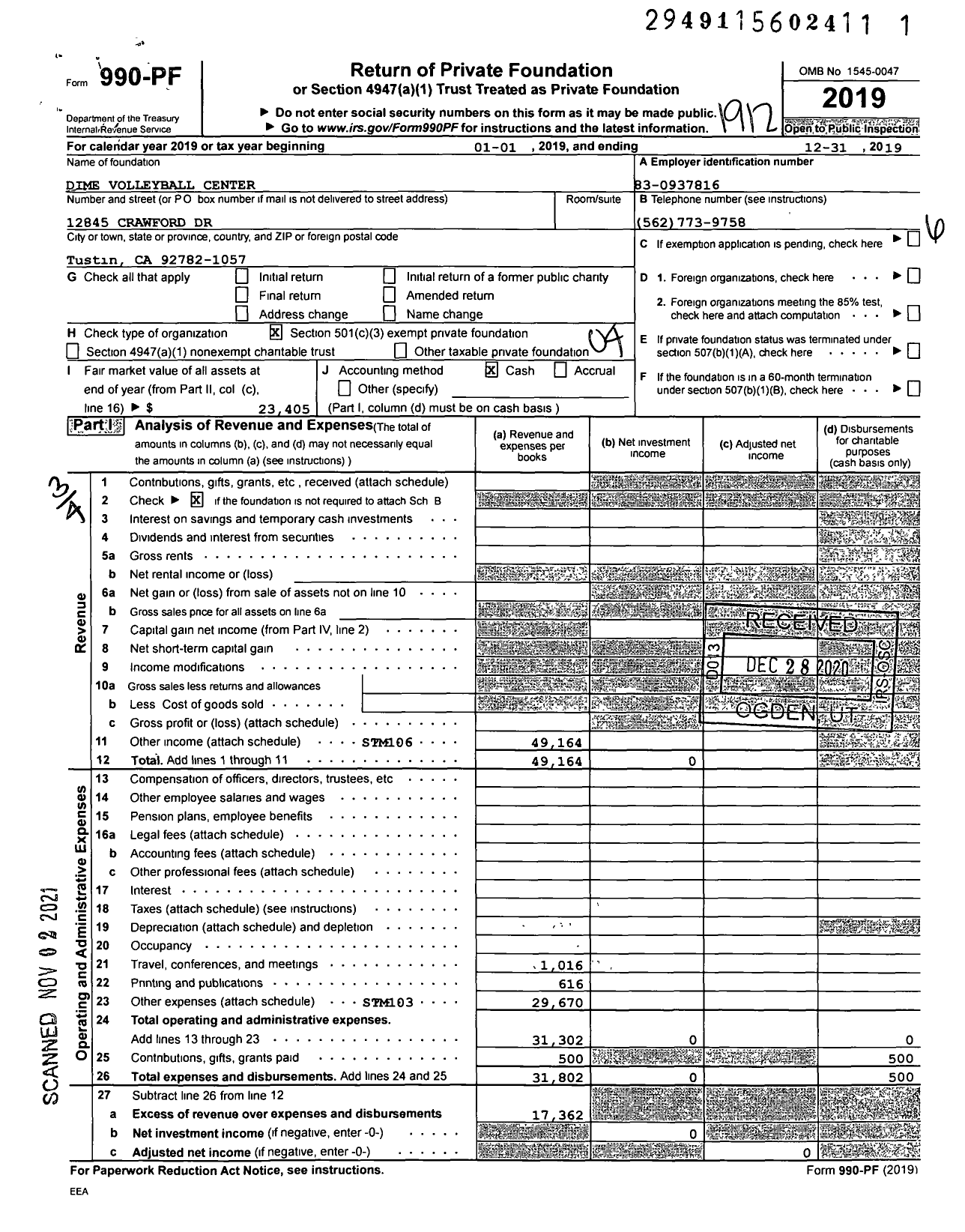 Image of first page of 2019 Form 990PF for Dime Volleyball Center