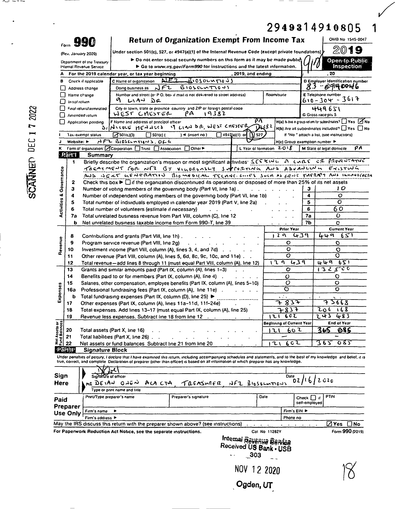 Image of first page of 2019 Form 990 for NF2 Biosolutions