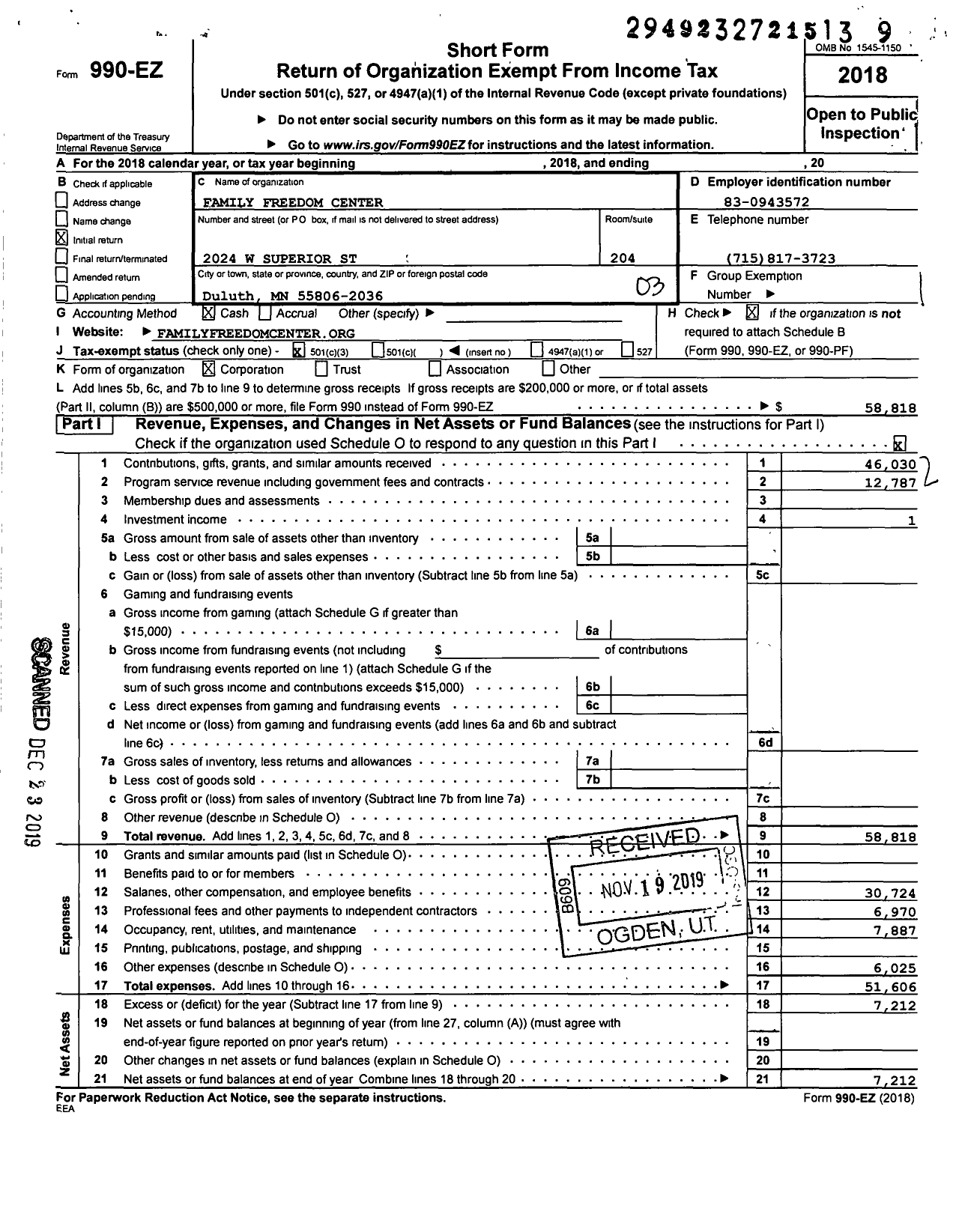 Image of first page of 2018 Form 990EZ for Family Freedom Center