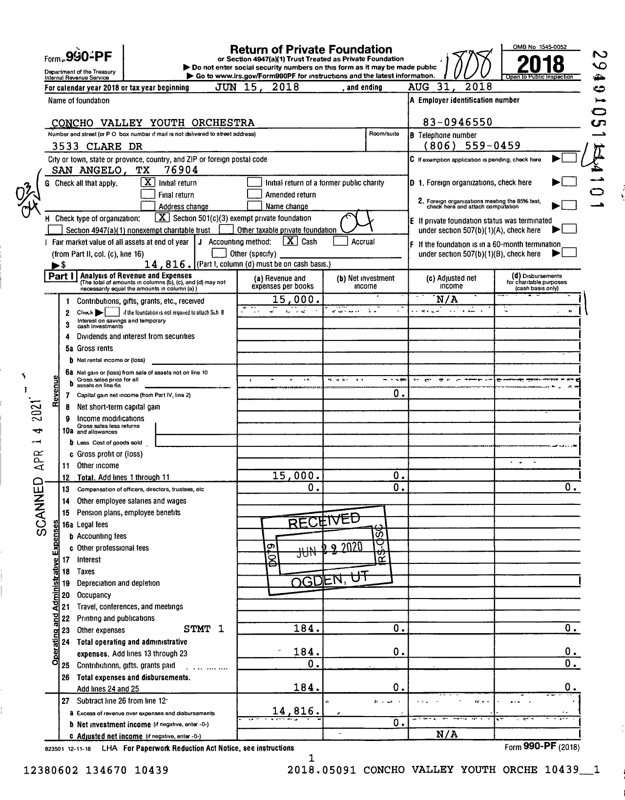 Image of first page of 2017 Form 990PF for Concho Valley Youth Orchestra