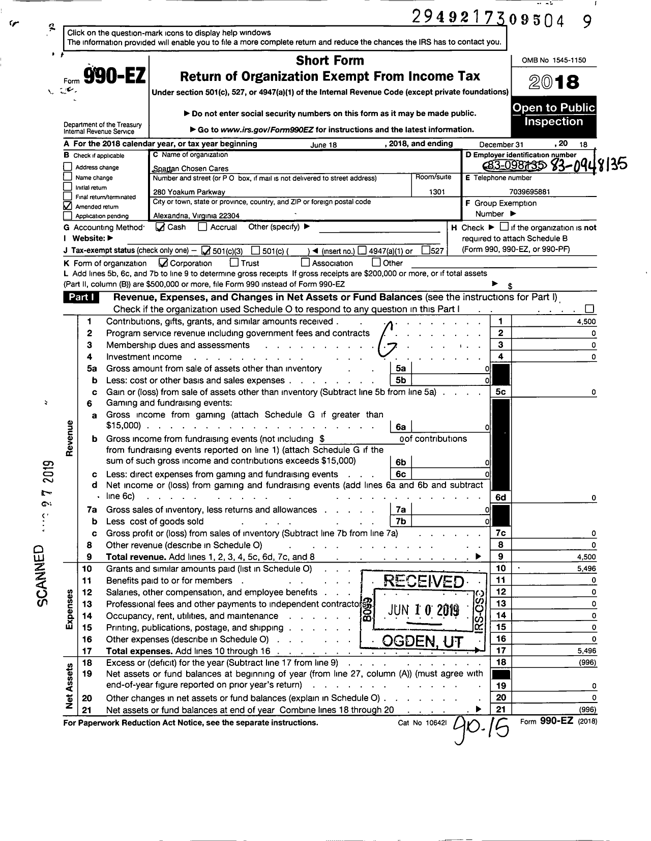 Image of first page of 2018 Form 990EZ for Spartan Chosen Cares