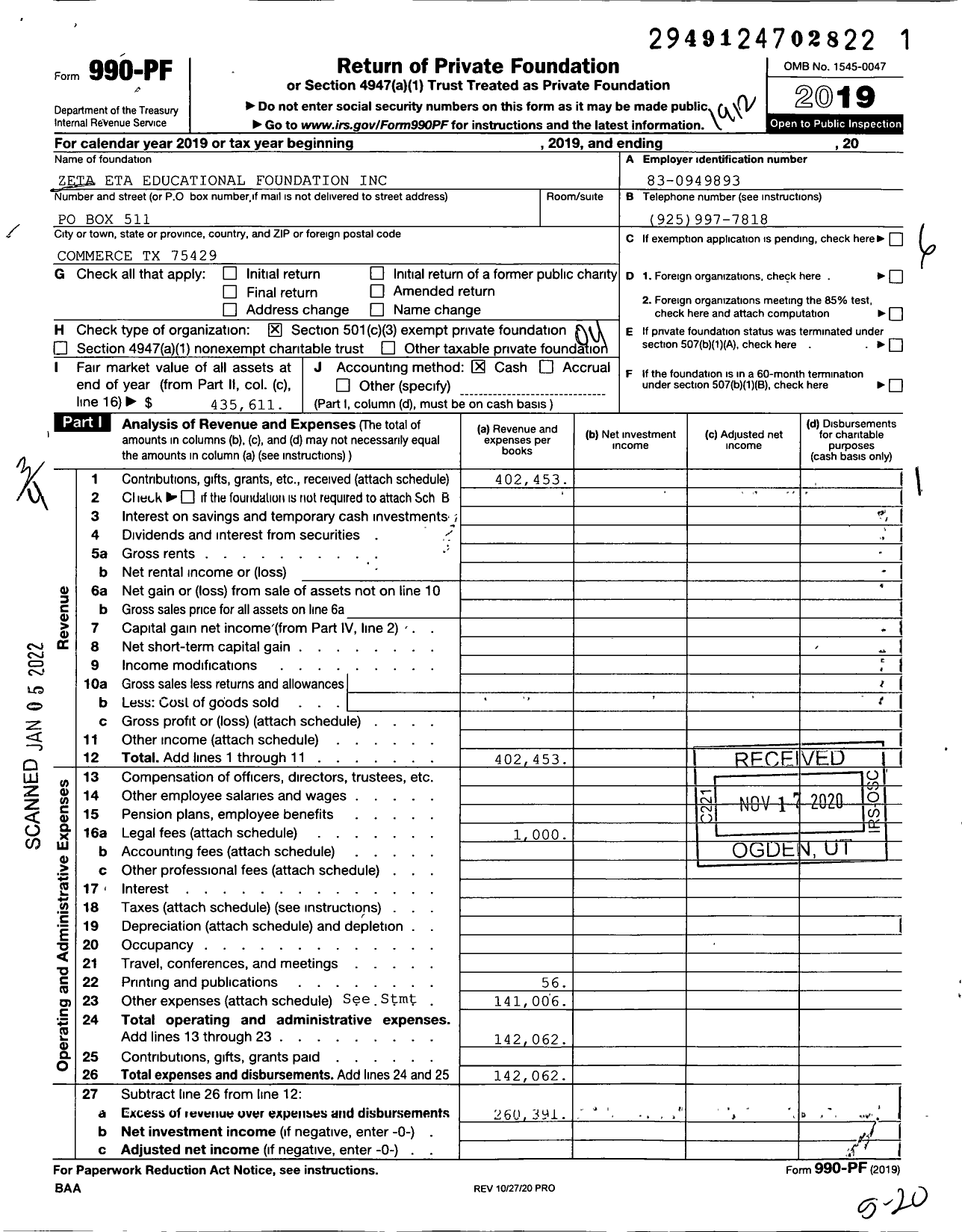 Image of first page of 2019 Form 990PF for Zeta Eta Educational Foundaton