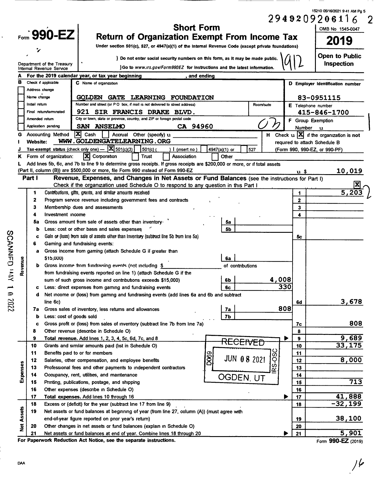 Image of first page of 2019 Form 990EZ for Golden Gate Learning Foundation