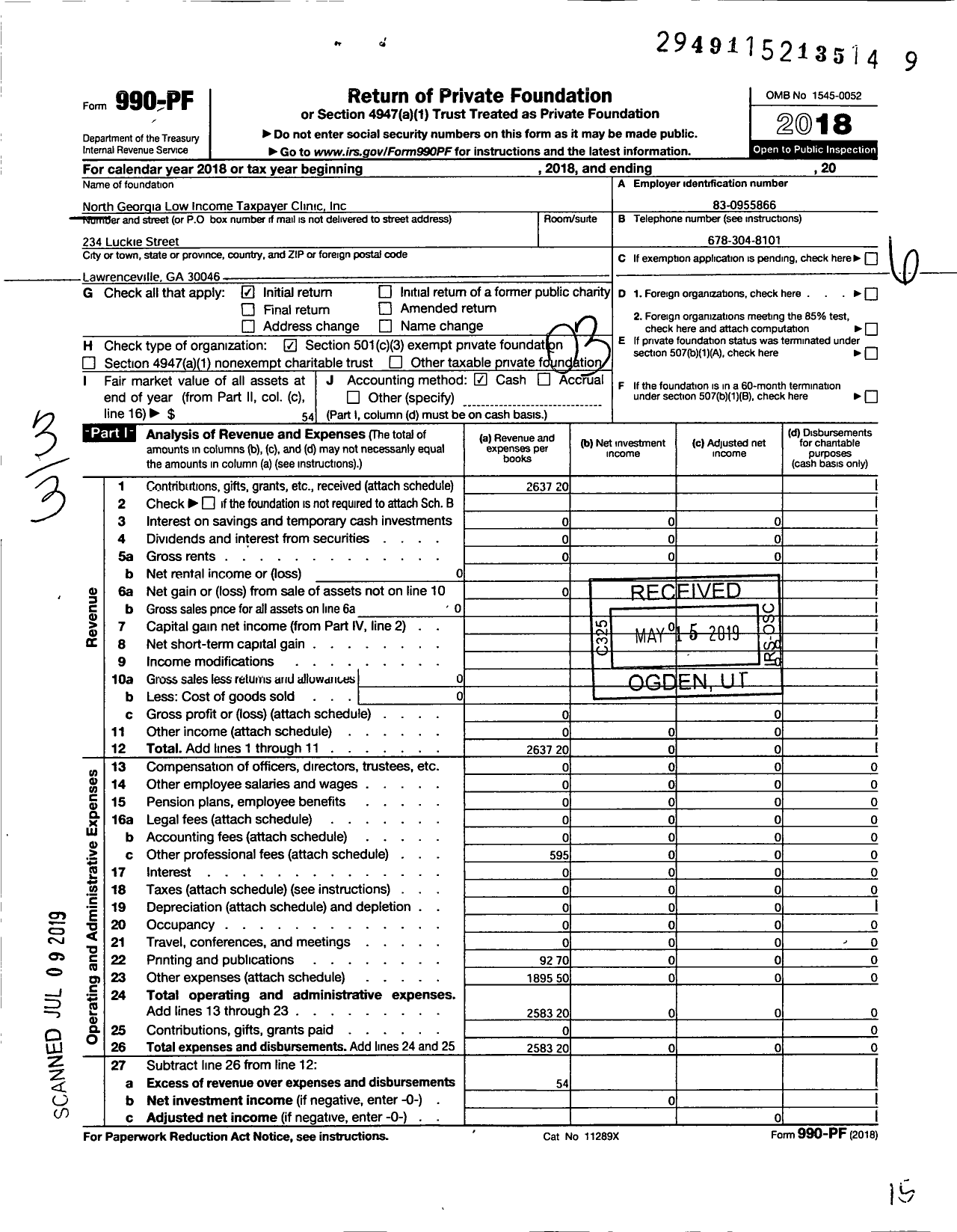 Image of first page of 2018 Form 990PF for North Georgia Low Income Taxpayer Clinic