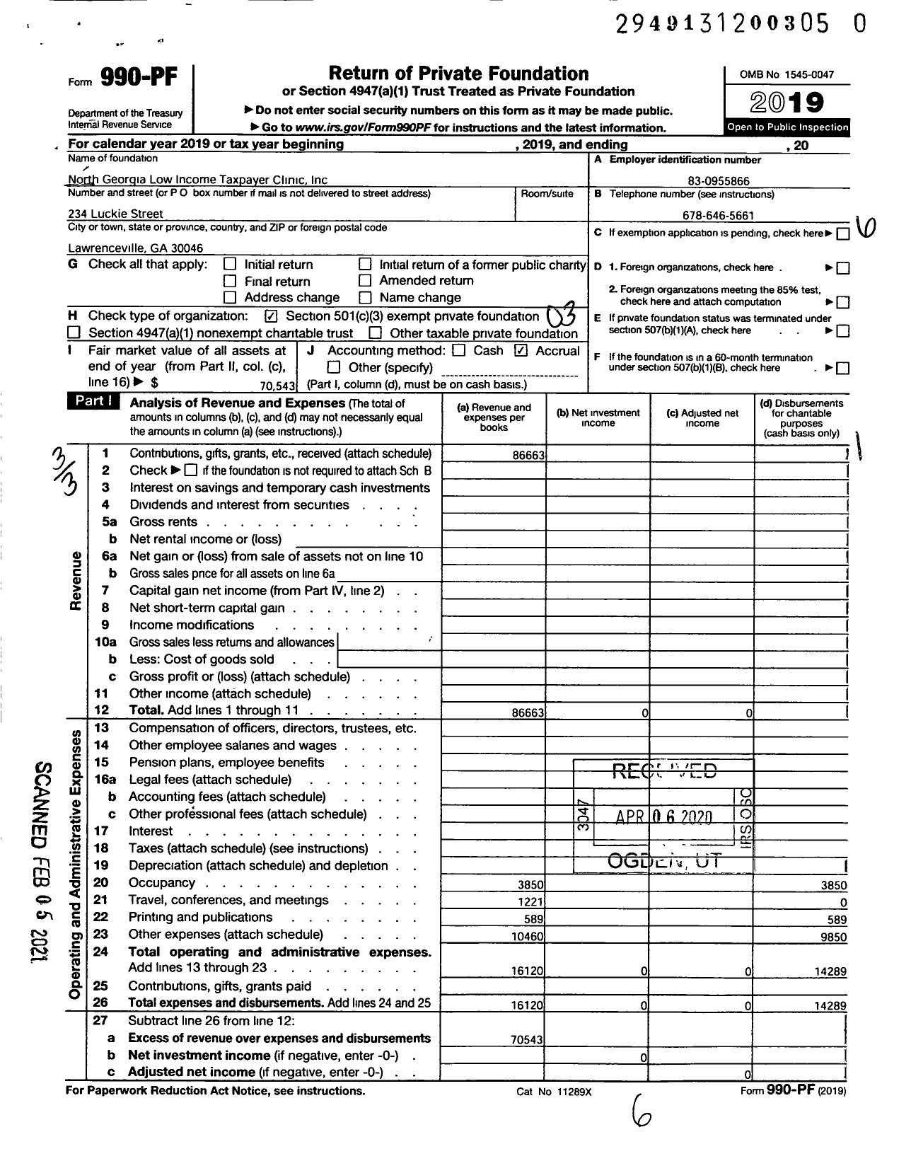 Image of first page of 2019 Form 990PF for North Georgia Low Income Taxpayer Clinic