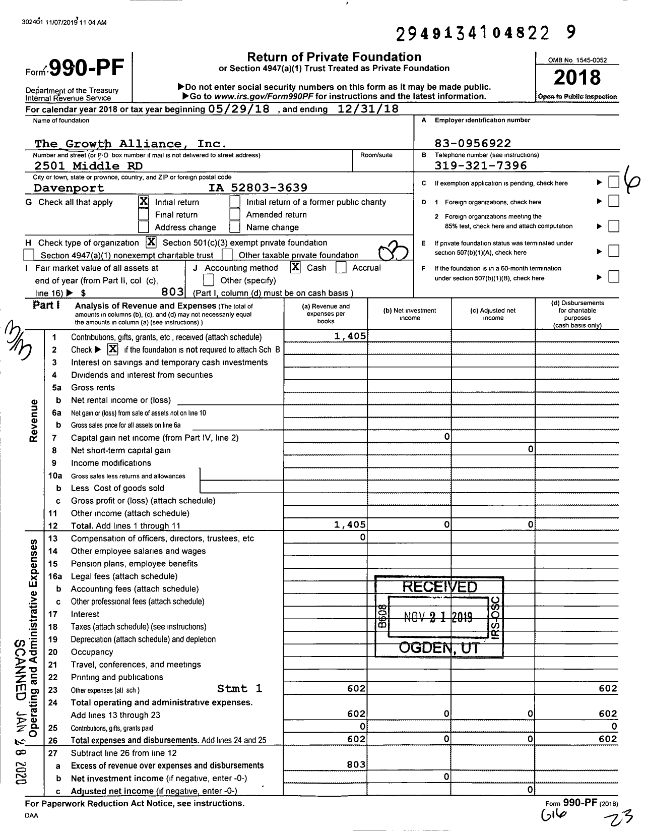 Image of first page of 2018 Form 990PF for The Growth Alliance