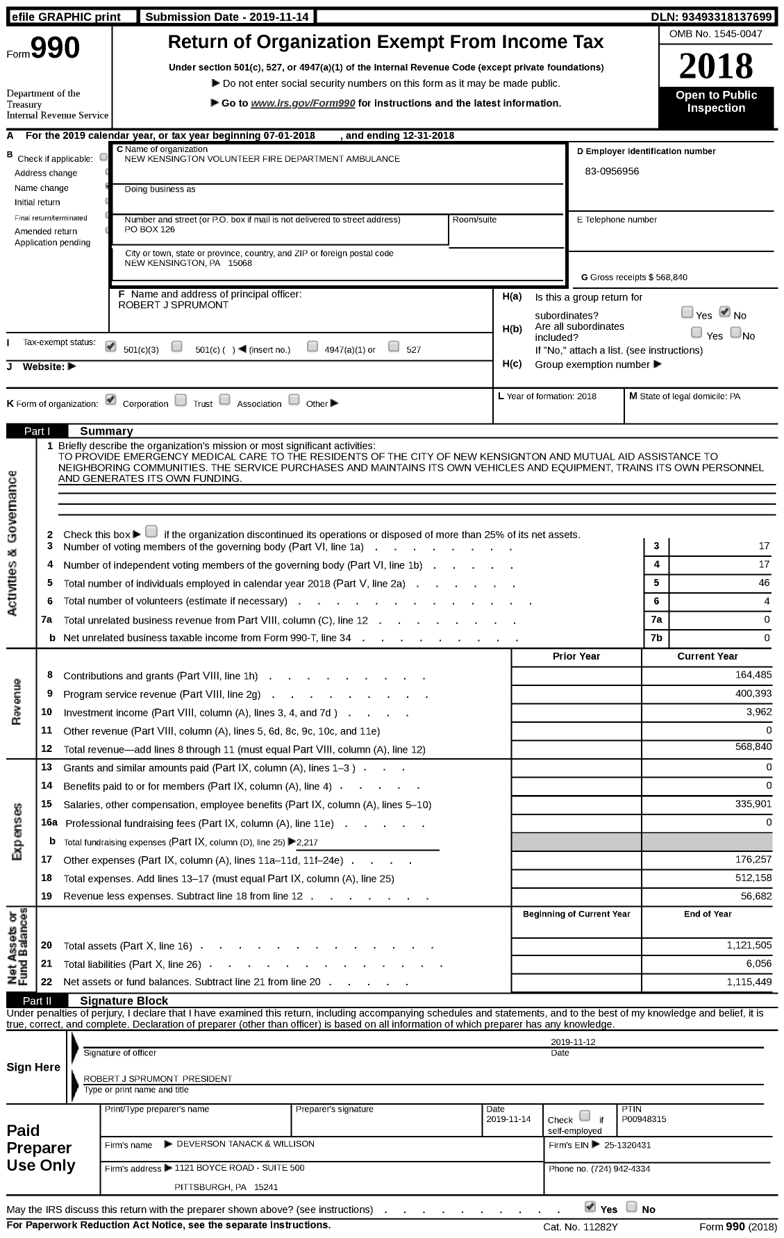 Image of first page of 2018 Form 990 for New Kensington Volunteer Fire Department Ambulance