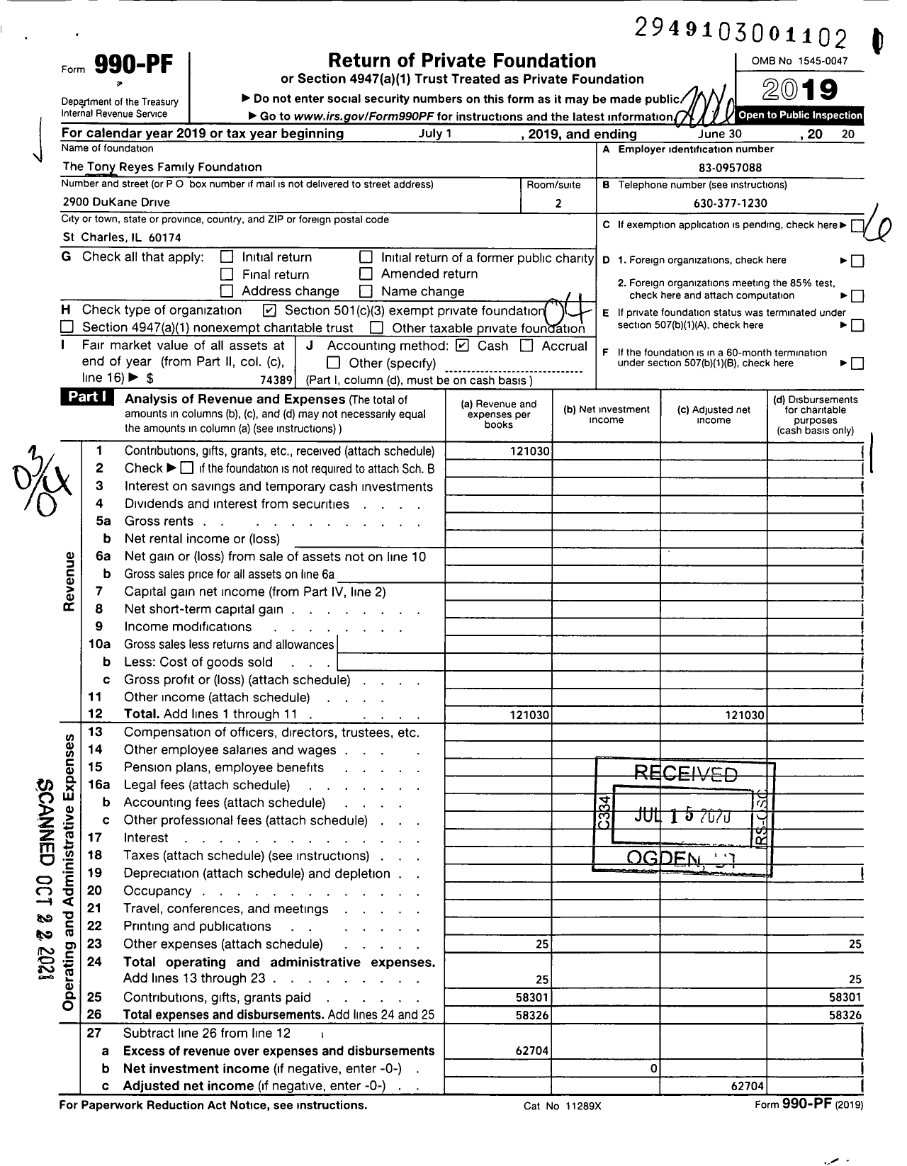 Image of first page of 2019 Form 990PF for The Tony Reyes Family Foundation