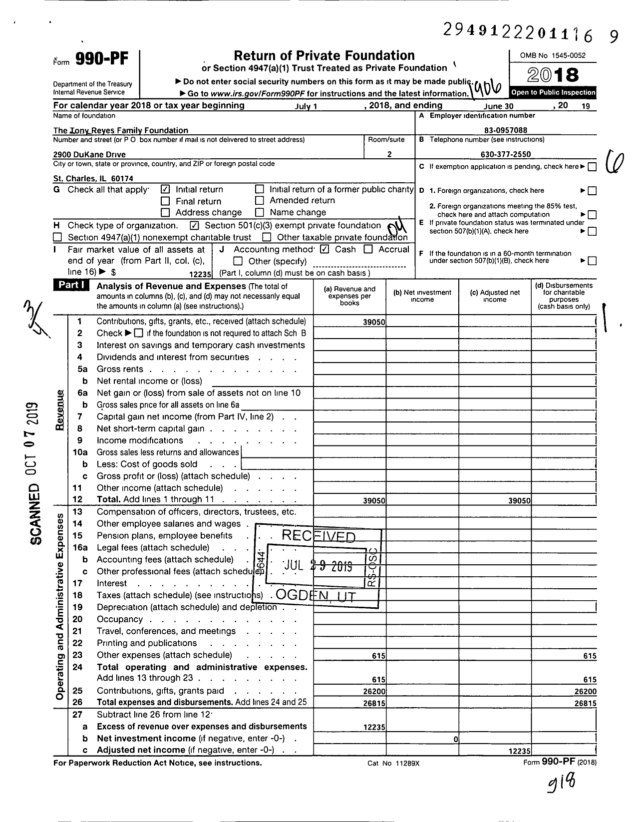 Image of first page of 2018 Form 990PF for The Tony Reyes Family Foundation