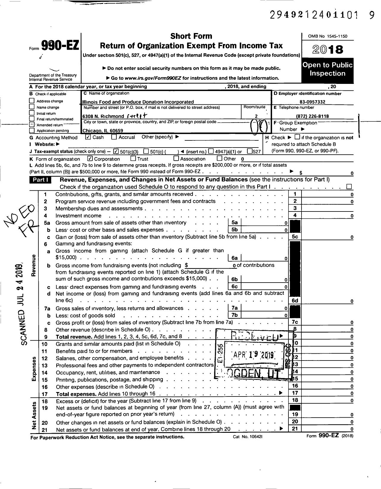 Image of first page of 2018 Form 990EO for Illinois Food and Produce Donation Incorporated