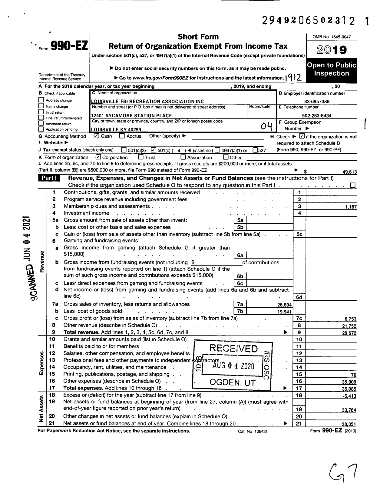 Image of first page of 2019 Form 990EO for Louisville Fbi Recreation Association