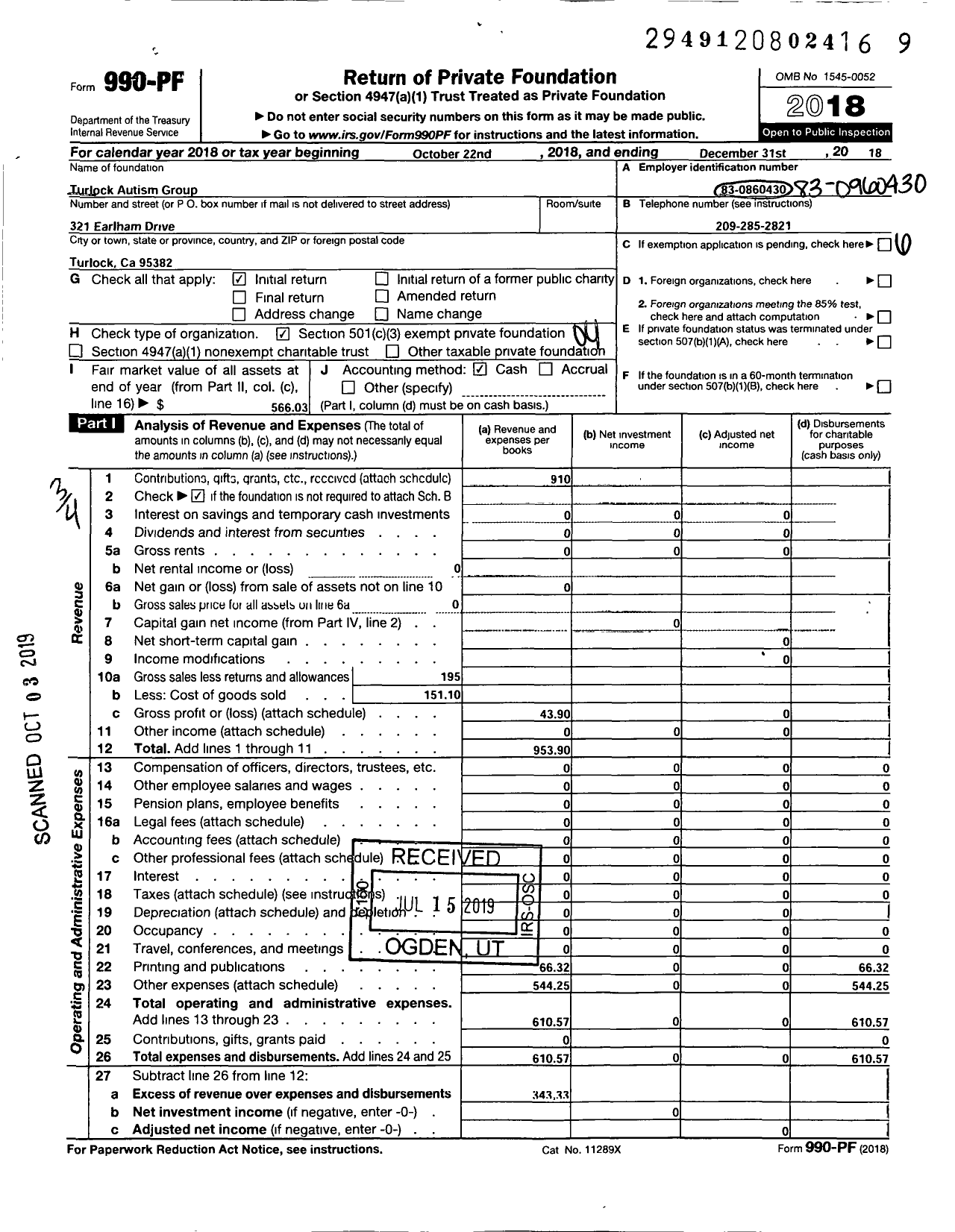 Image of first page of 2018 Form 990PF for Turlock Autism Group