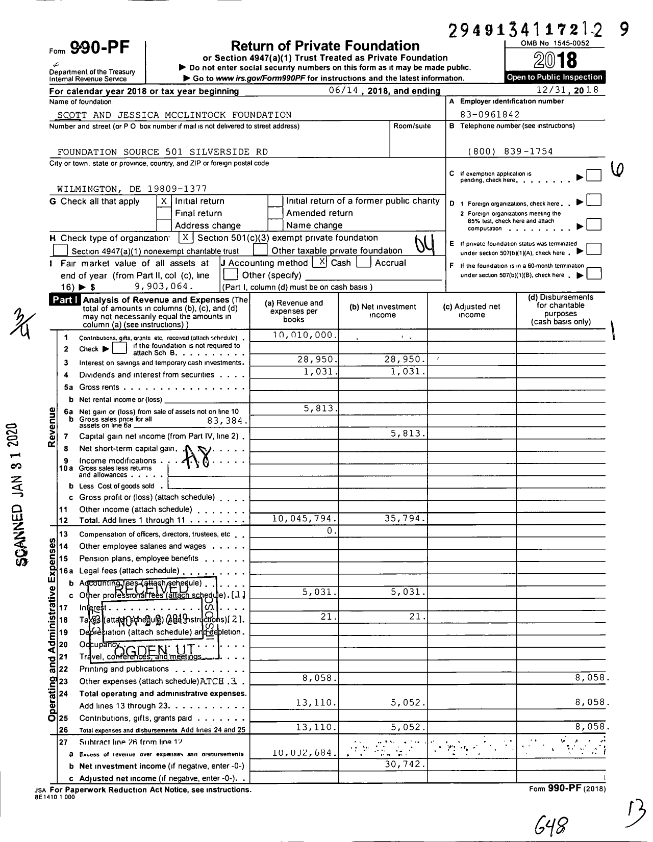 Image of first page of 2018 Form 990PF for Scott and Jessica McClintock Foundation