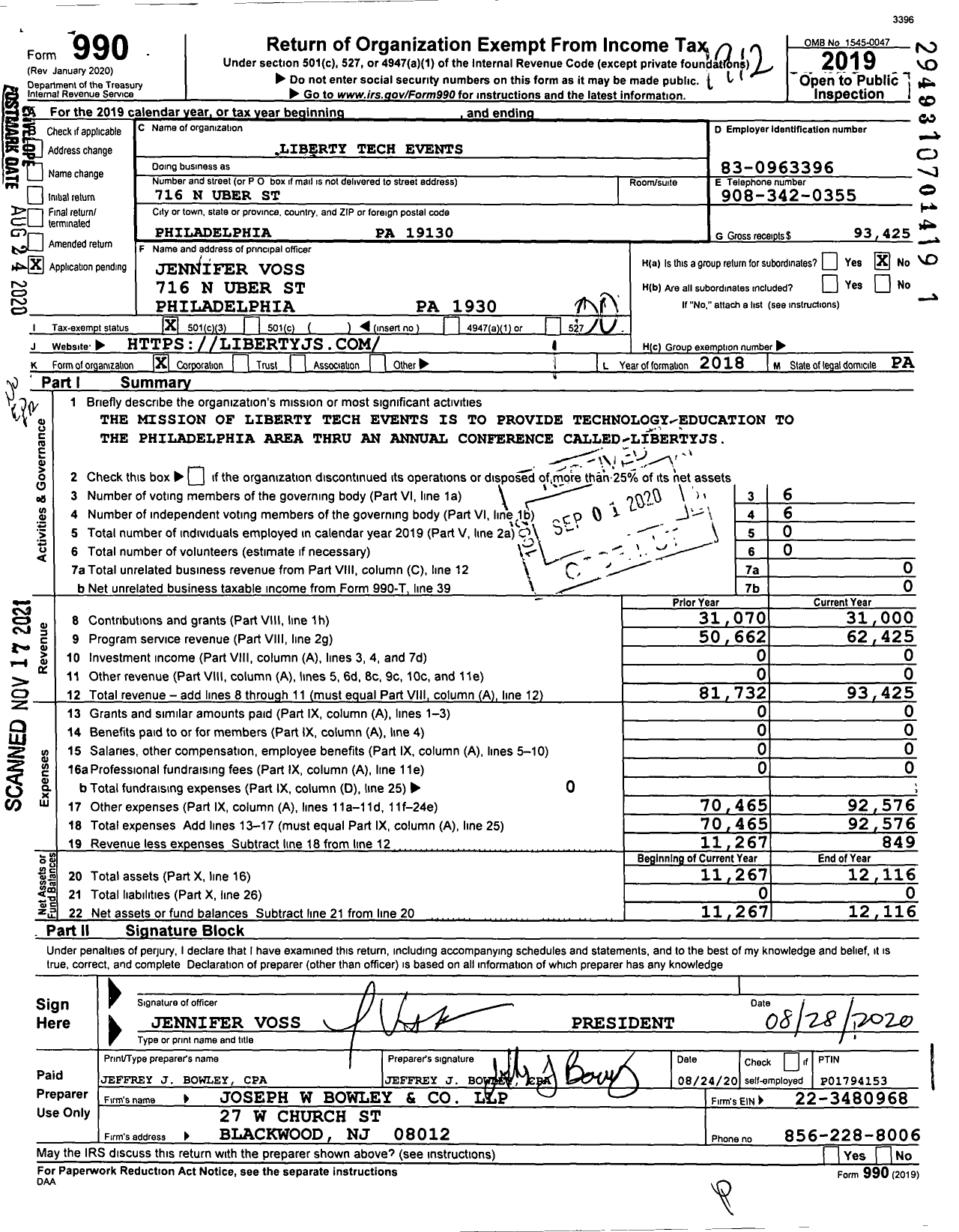 Image of first page of 2019 Form 990O for Liberty Tech Events