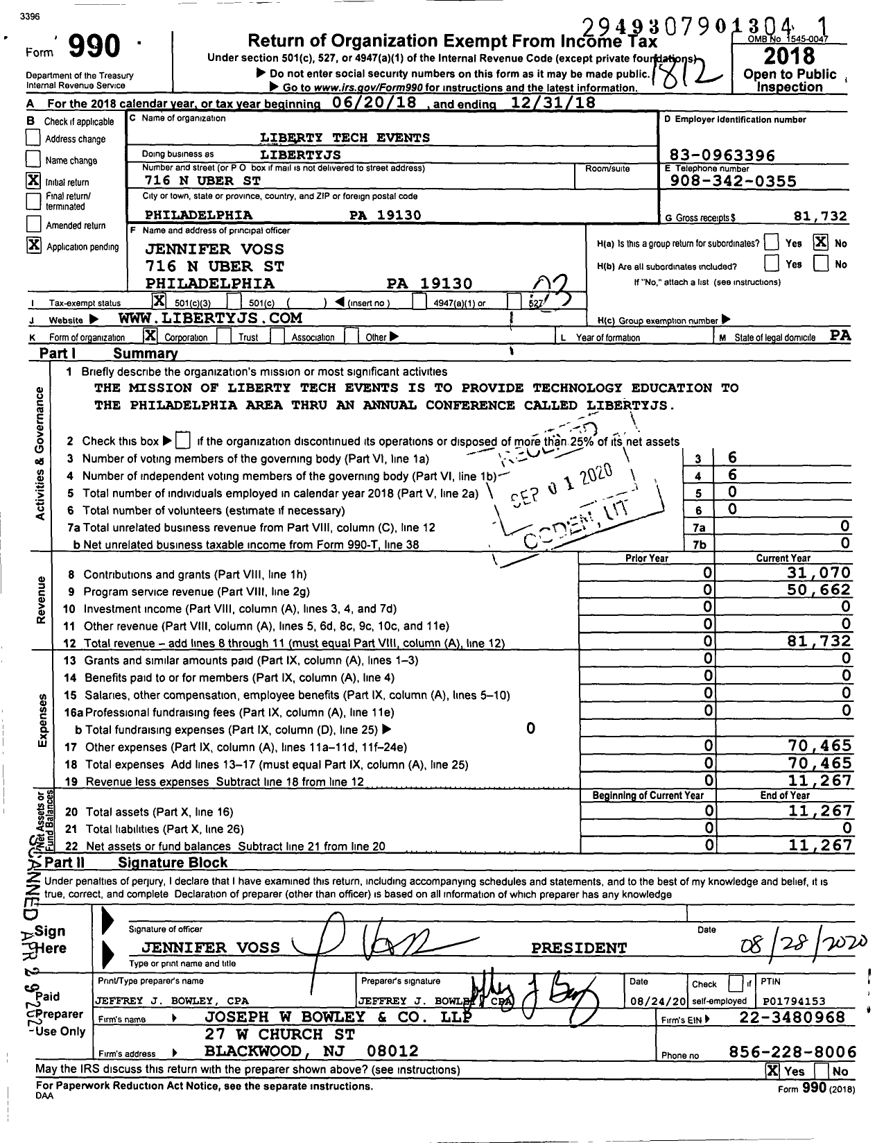 Image of first page of 2018 Form 990 for Liberty Tech Events