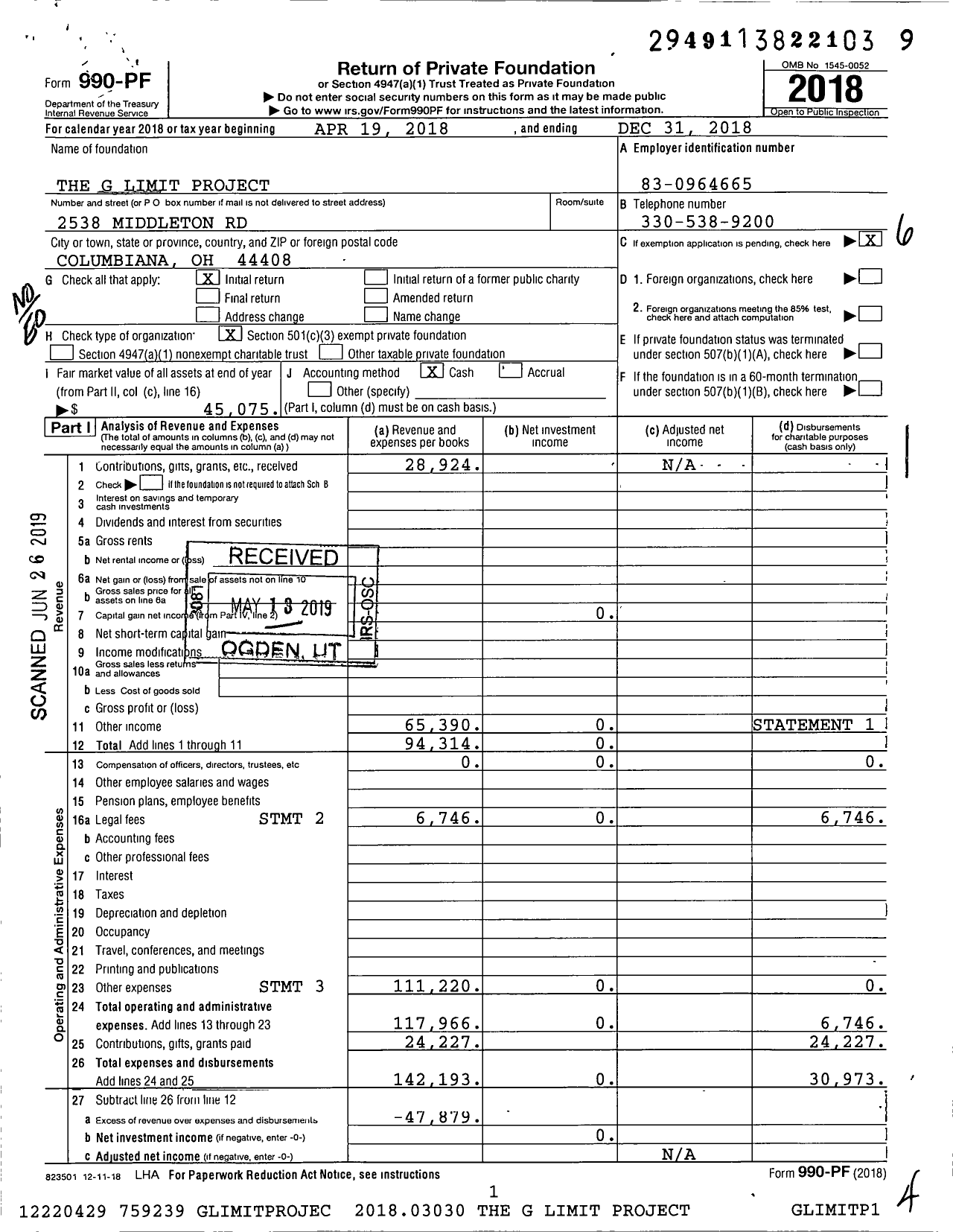 Image of first page of 2018 Form 990PF for The G Limit Project