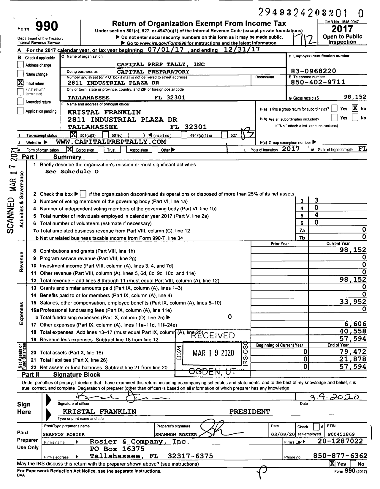 Image of first page of 2017 Form 990 for Capital Prep Tally