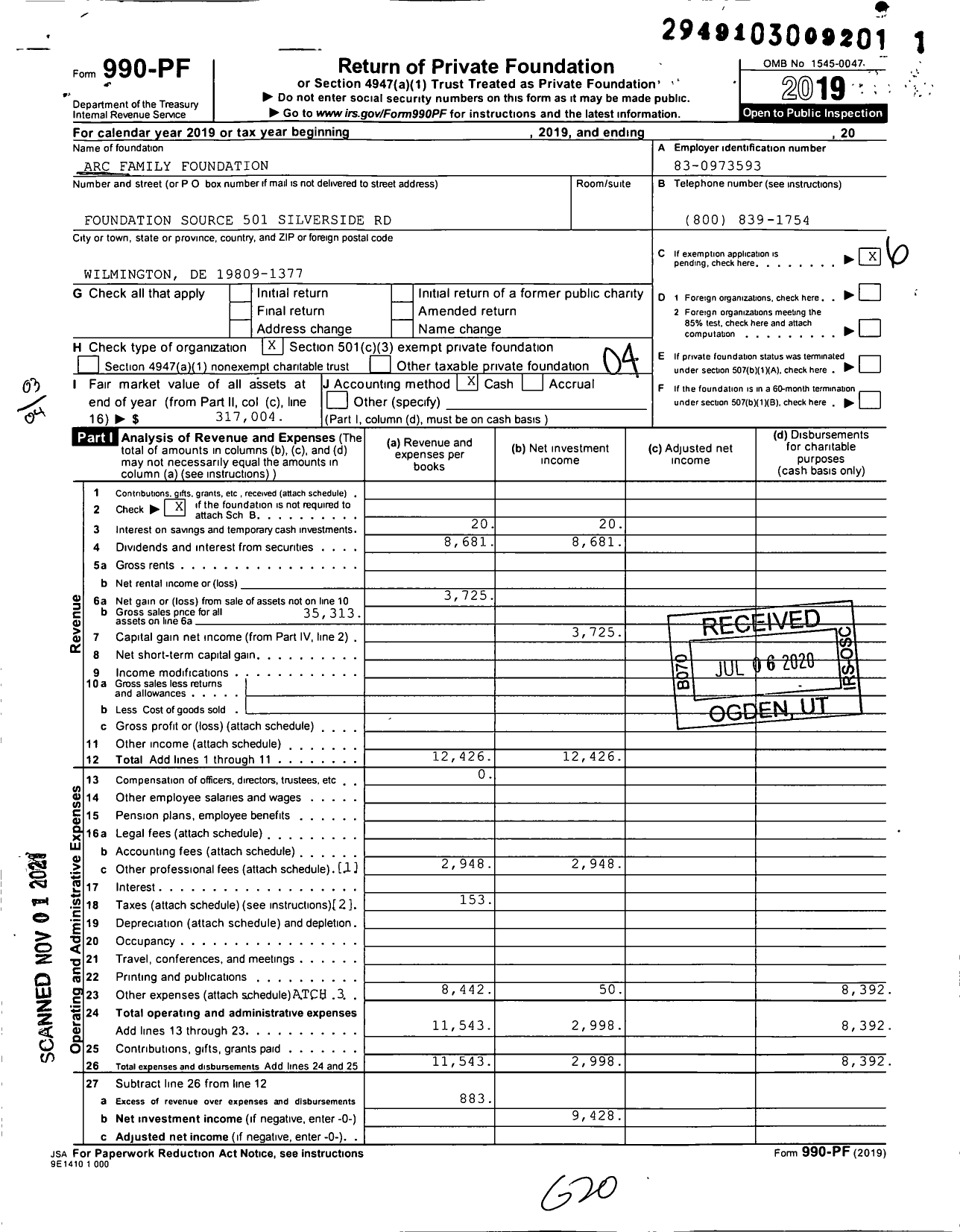 Image of first page of 2019 Form 990PF for ARC Family Foundation