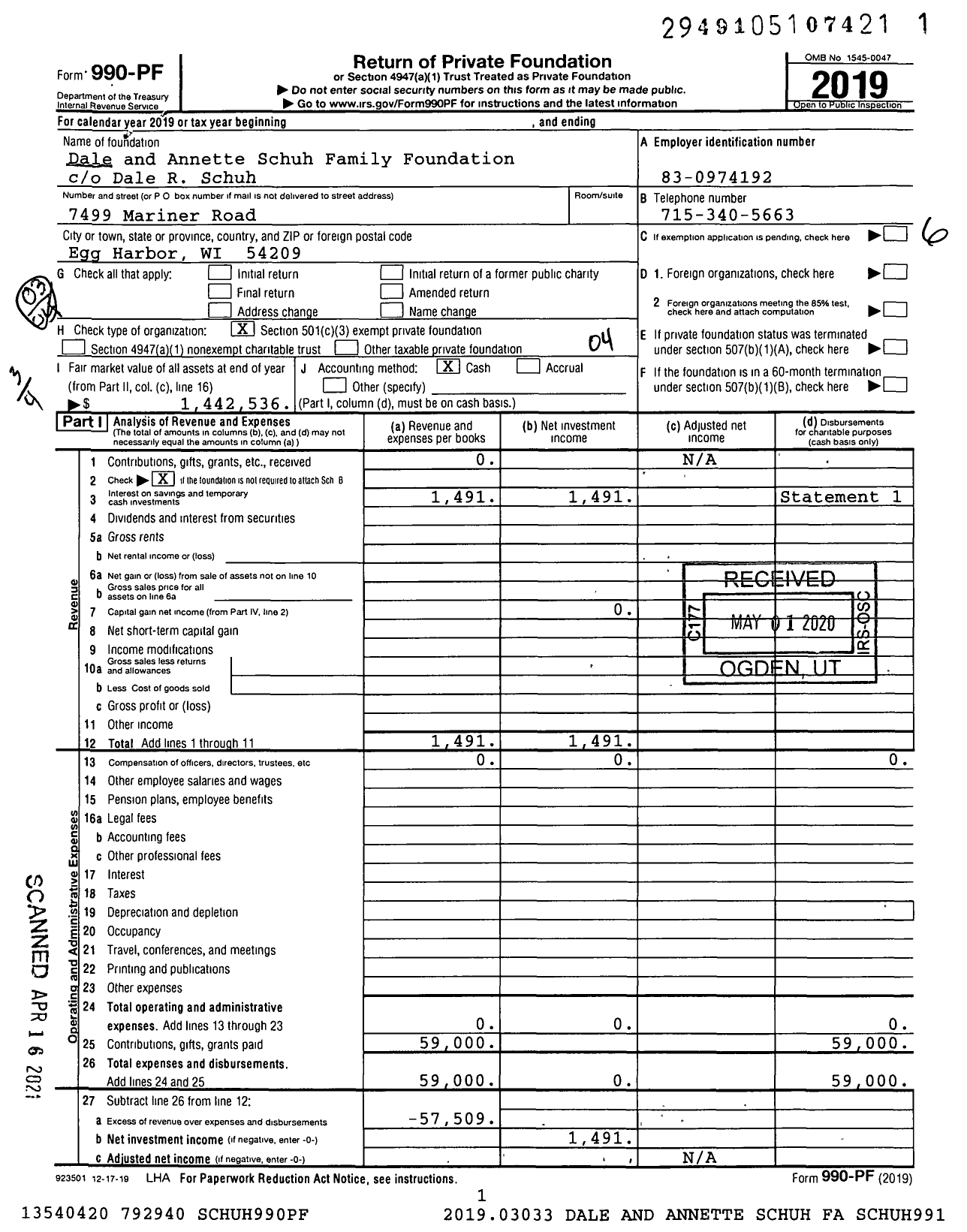 Image of first page of 2019 Form 990PF for Dale and Annette Schuh Family Foundation