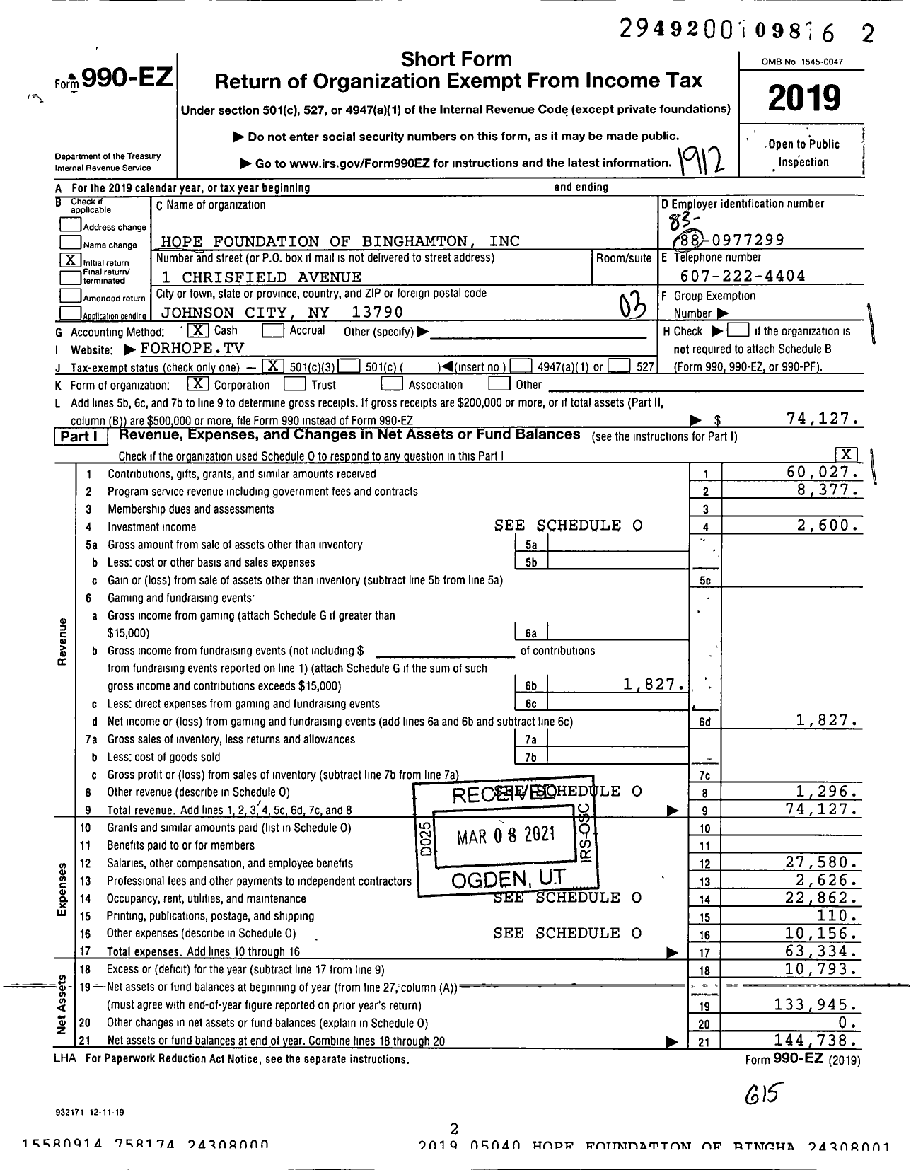 Image of first page of 2019 Form 990EZ for Hope Foundation of Binghamton