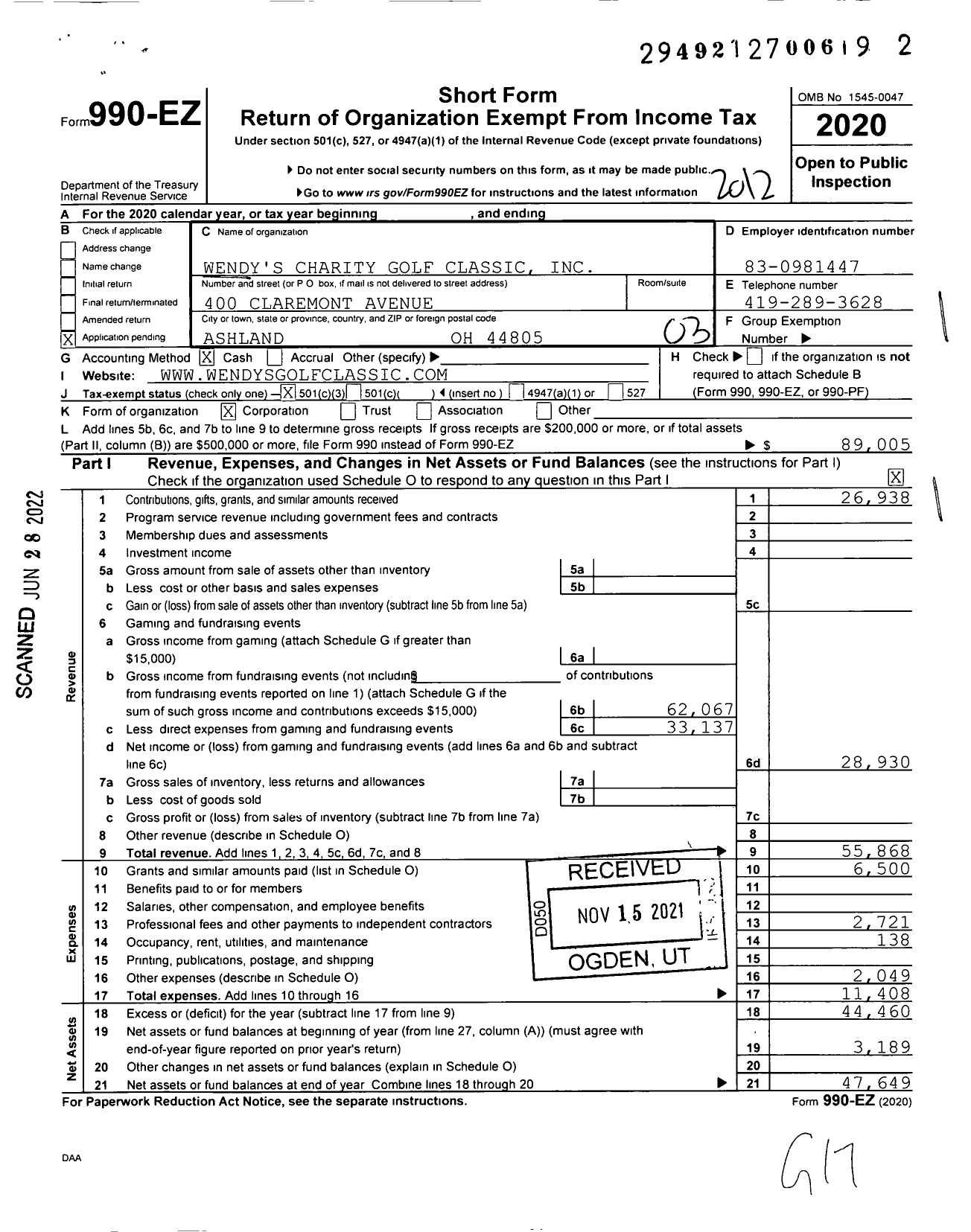 Image of first page of 2020 Form 990EZ for Wendy's Charity Golf Classic