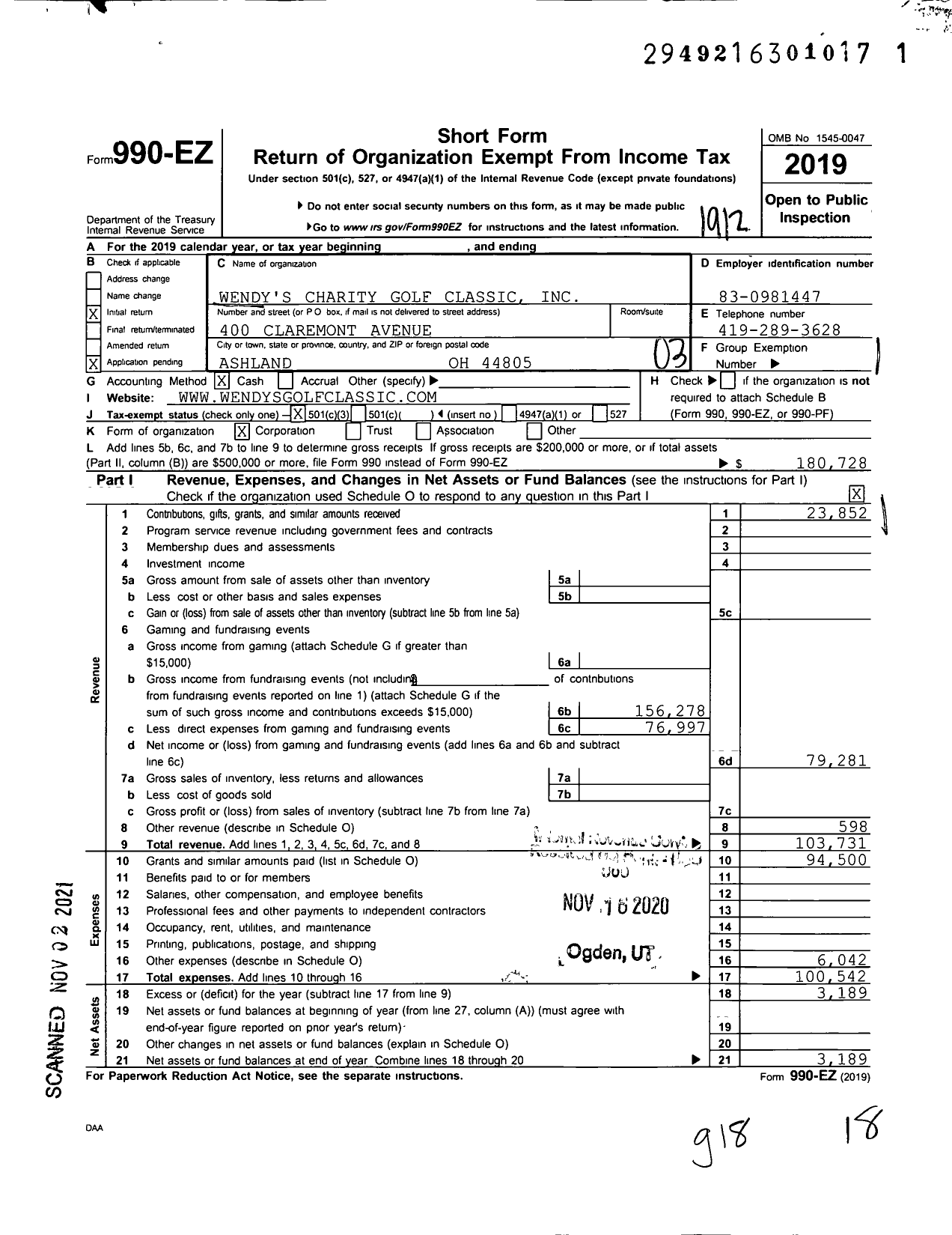 Image of first page of 2019 Form 990EZ for Wendy's Charity Golf Classic