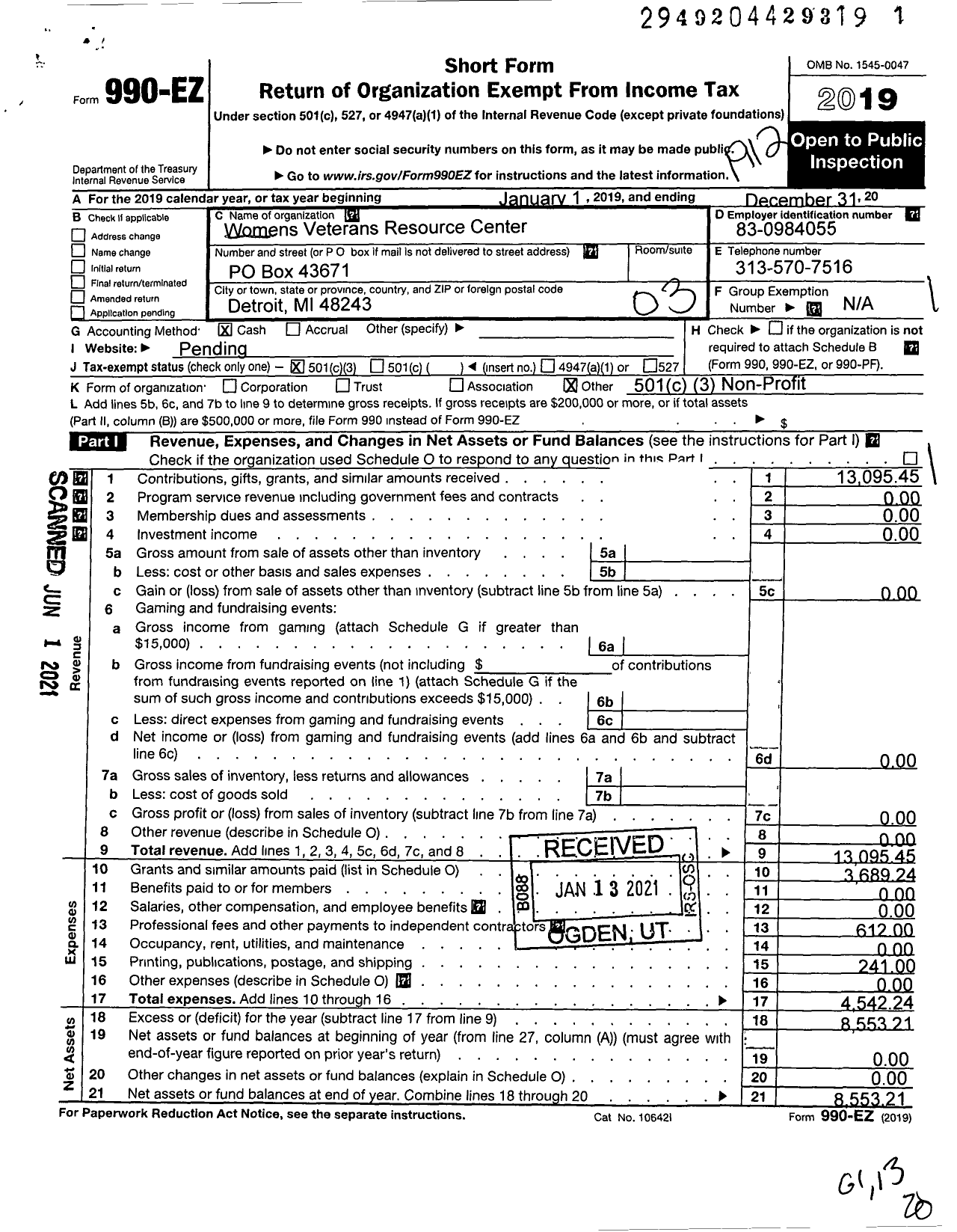 Image of first page of 2019 Form 990EZ for Womens Veterans Resource Center