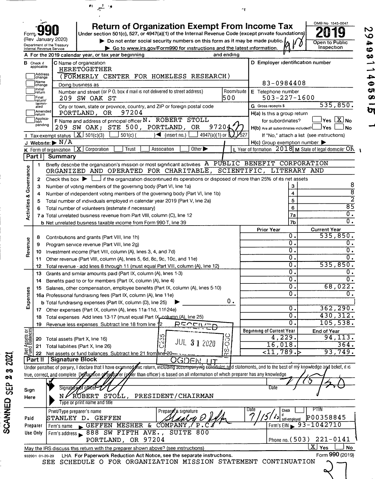 Image of first page of 2019 Form 990 for Heretogether