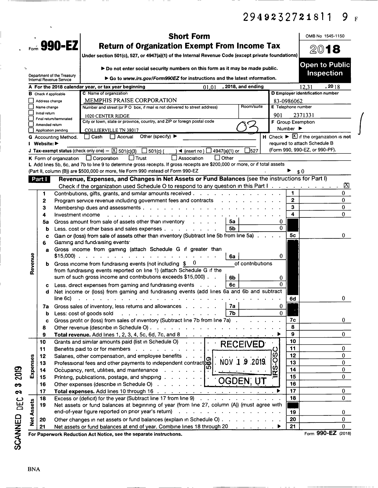 Image of first page of 2018 Form 990EZ for Memphis Praise Corporation