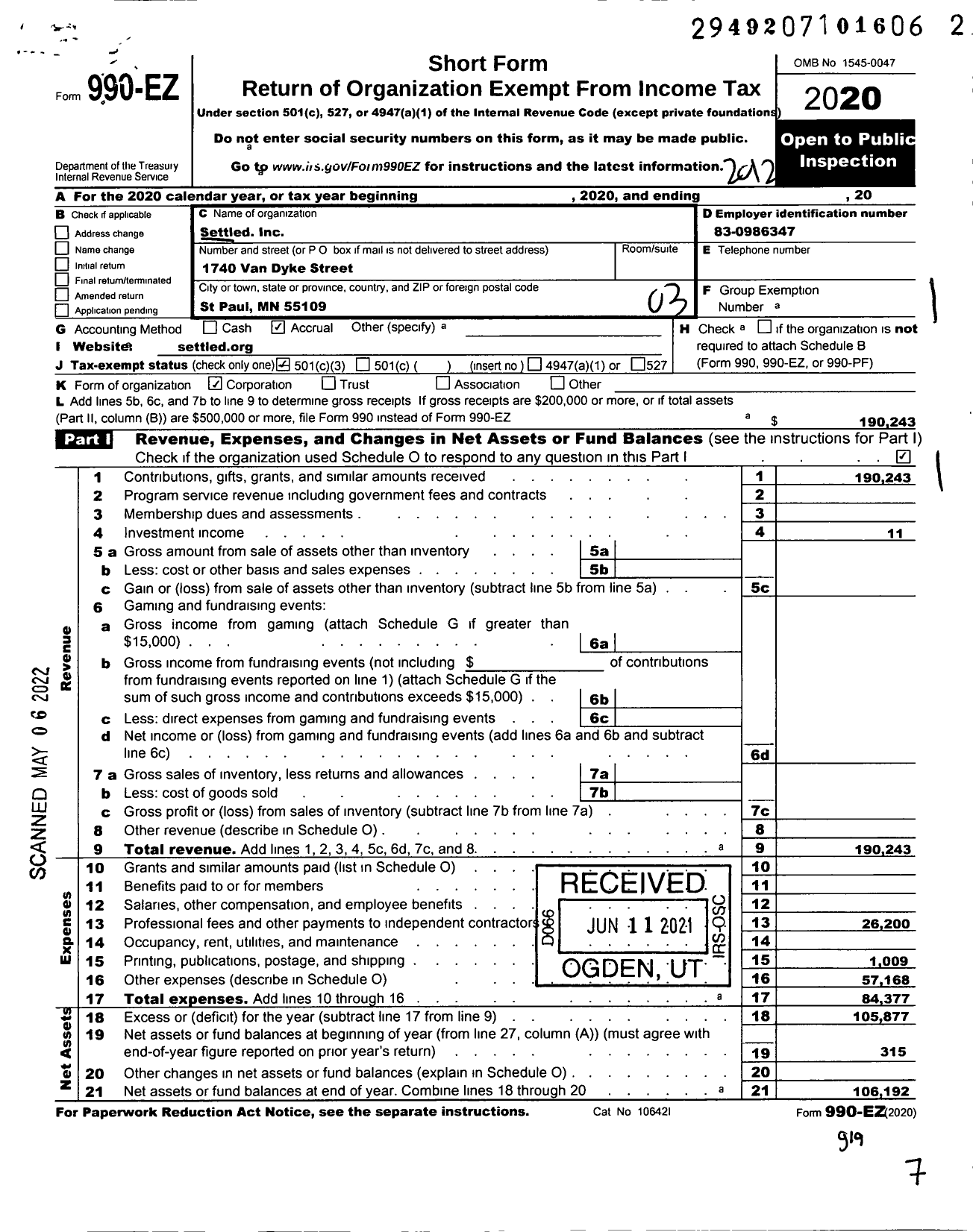 Image of first page of 2020 Form 990EZ for Settled Incorporated