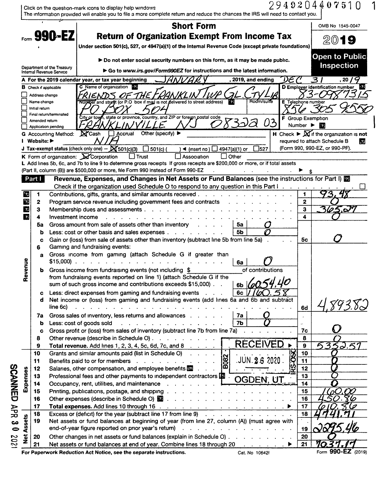 Image of first page of 2019 Form 990EZ for Friends of the Franklin Township Gloucester County Library Corporat