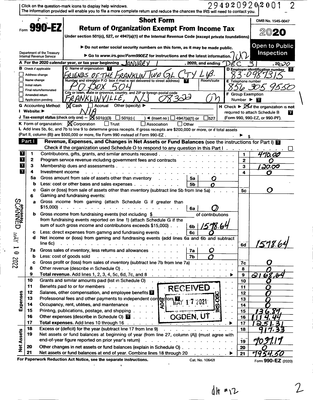 Image of first page of 2020 Form 990EZ for Friends of the Franklin Township Gloucester County Library Corporat