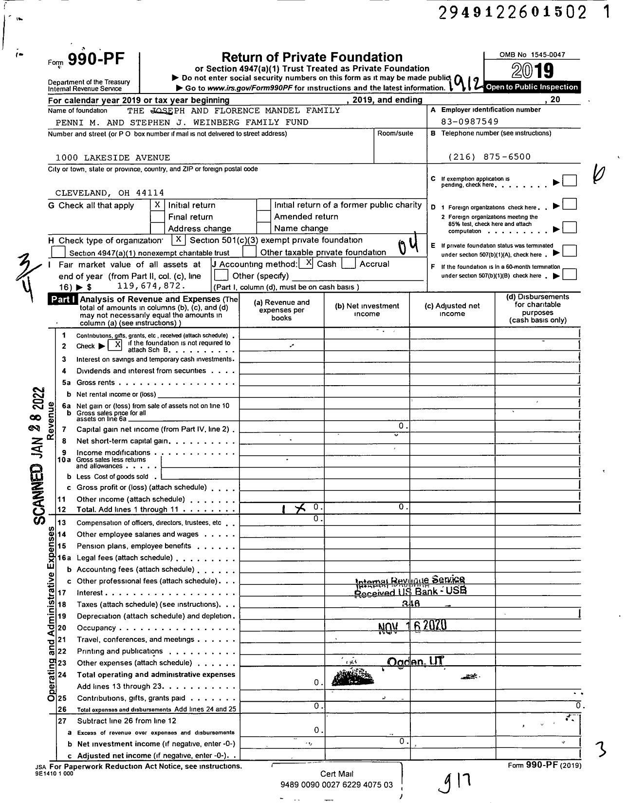 Image of first page of 2019 Form 990PF for The Joseph and Florence Mandel Family- Penni M and Stephen J Weinberg Family Fund