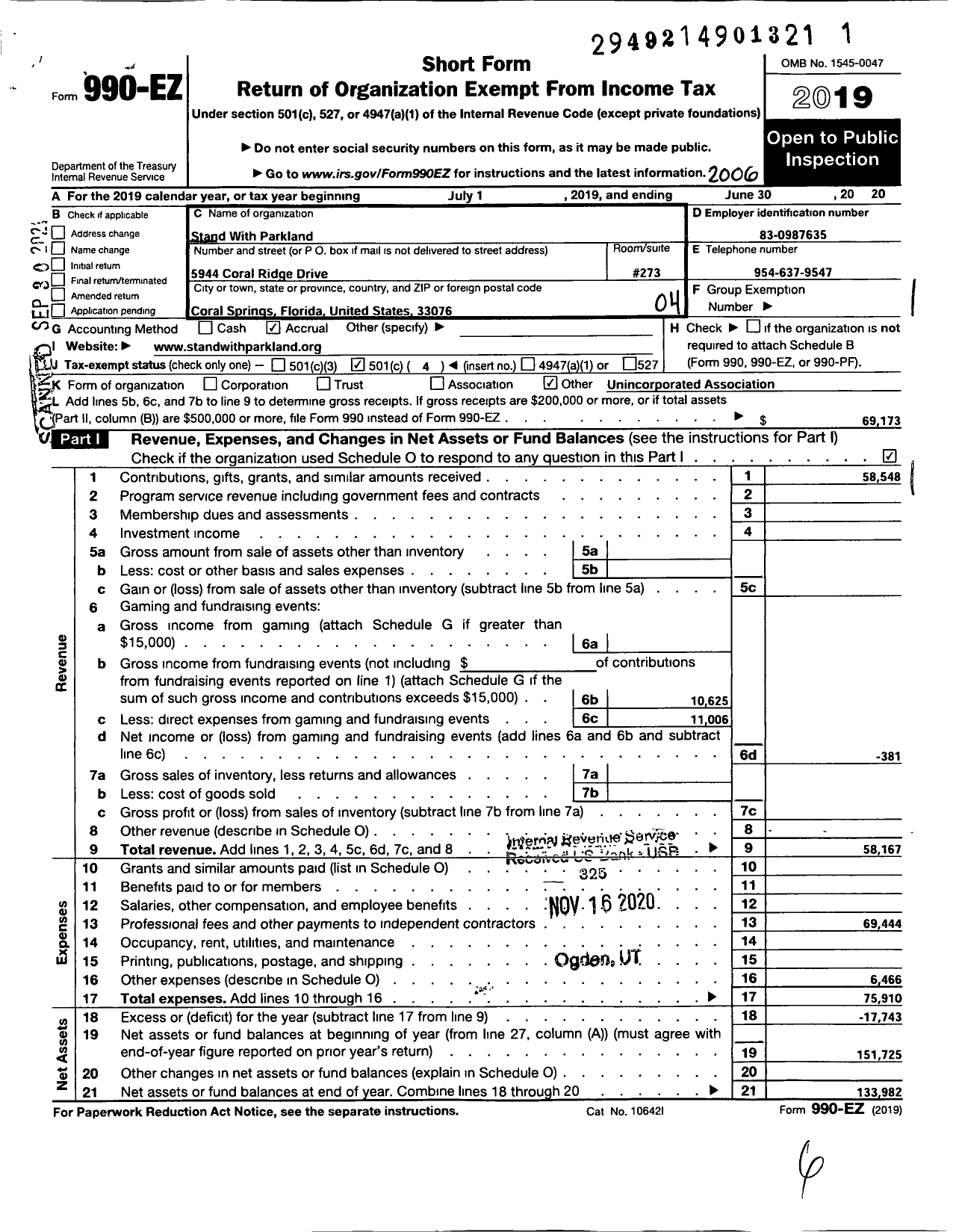 Image of first page of 2019 Form 990EO for Stand with Parkland