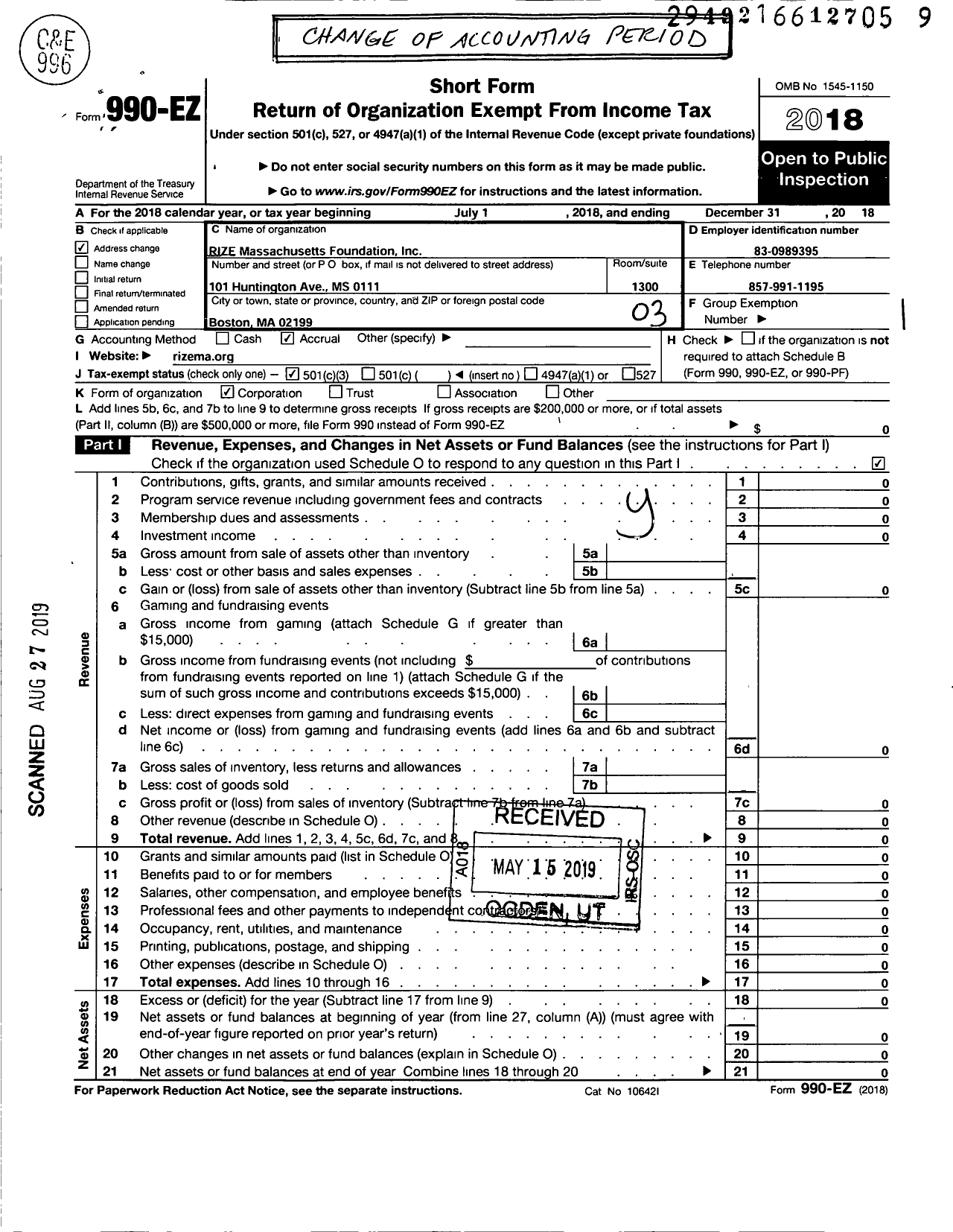 Image of first page of 2018 Form 990EZ for Rize Massachusetts Foundation