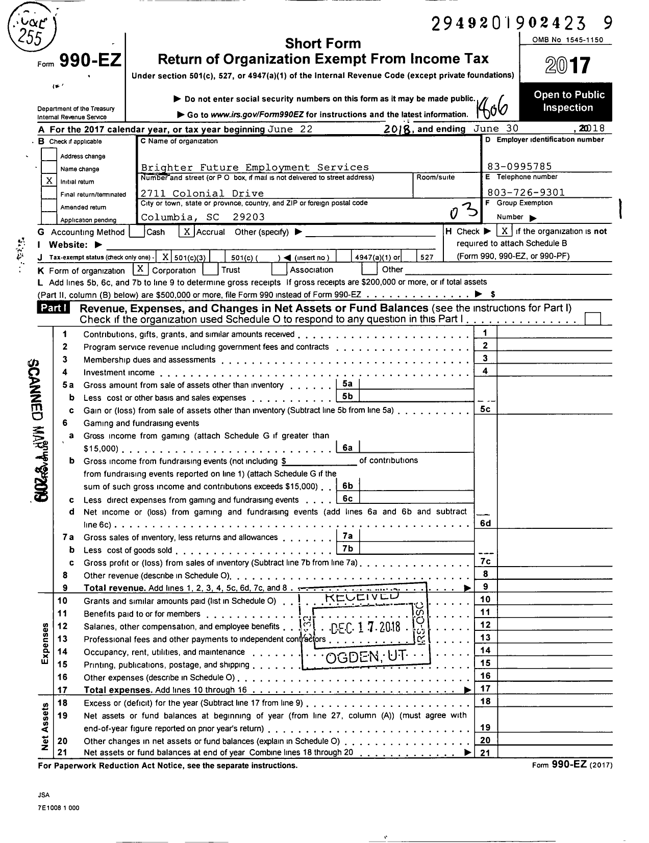 Image of first page of 2017 Form 990EZ for Brighter Future Employment Services