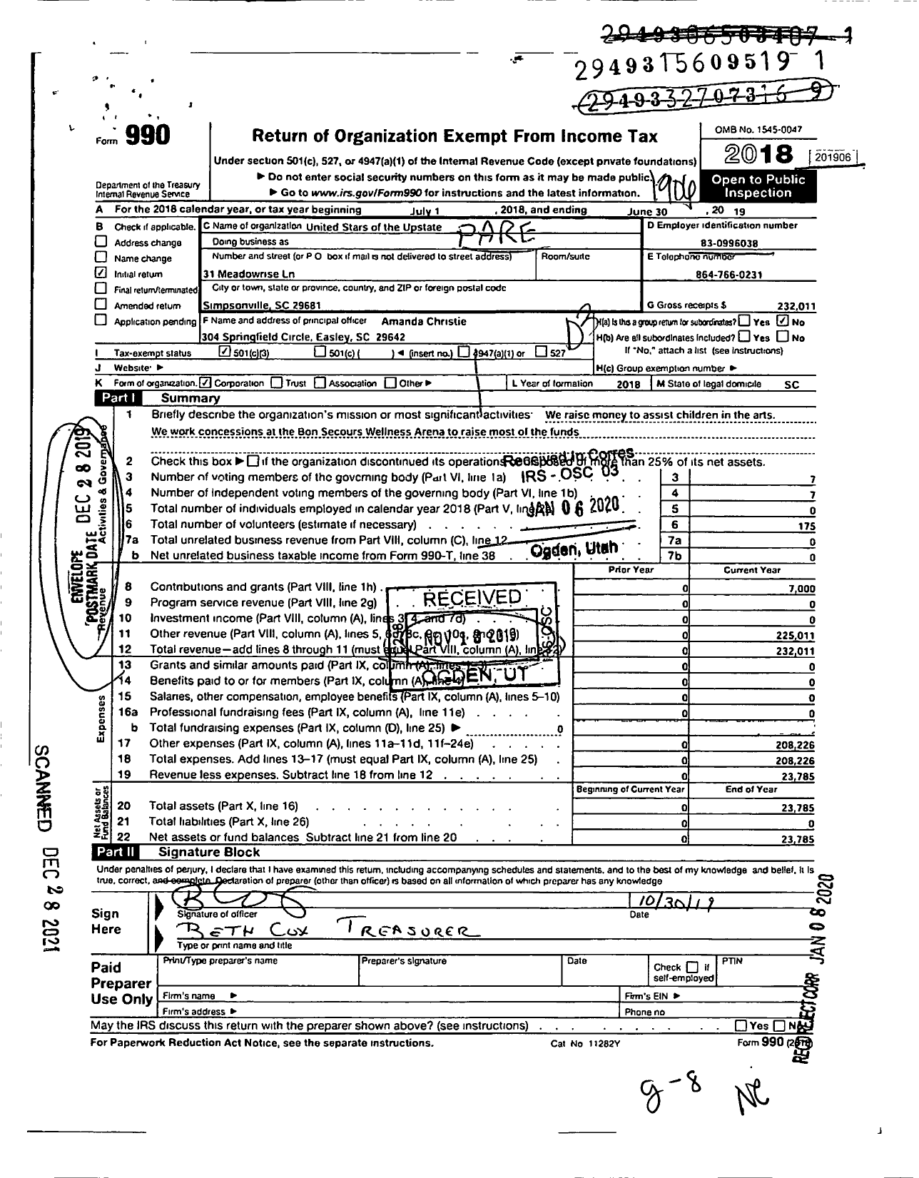 Image of first page of 2018 Form 990 for United Stars of the Upstate