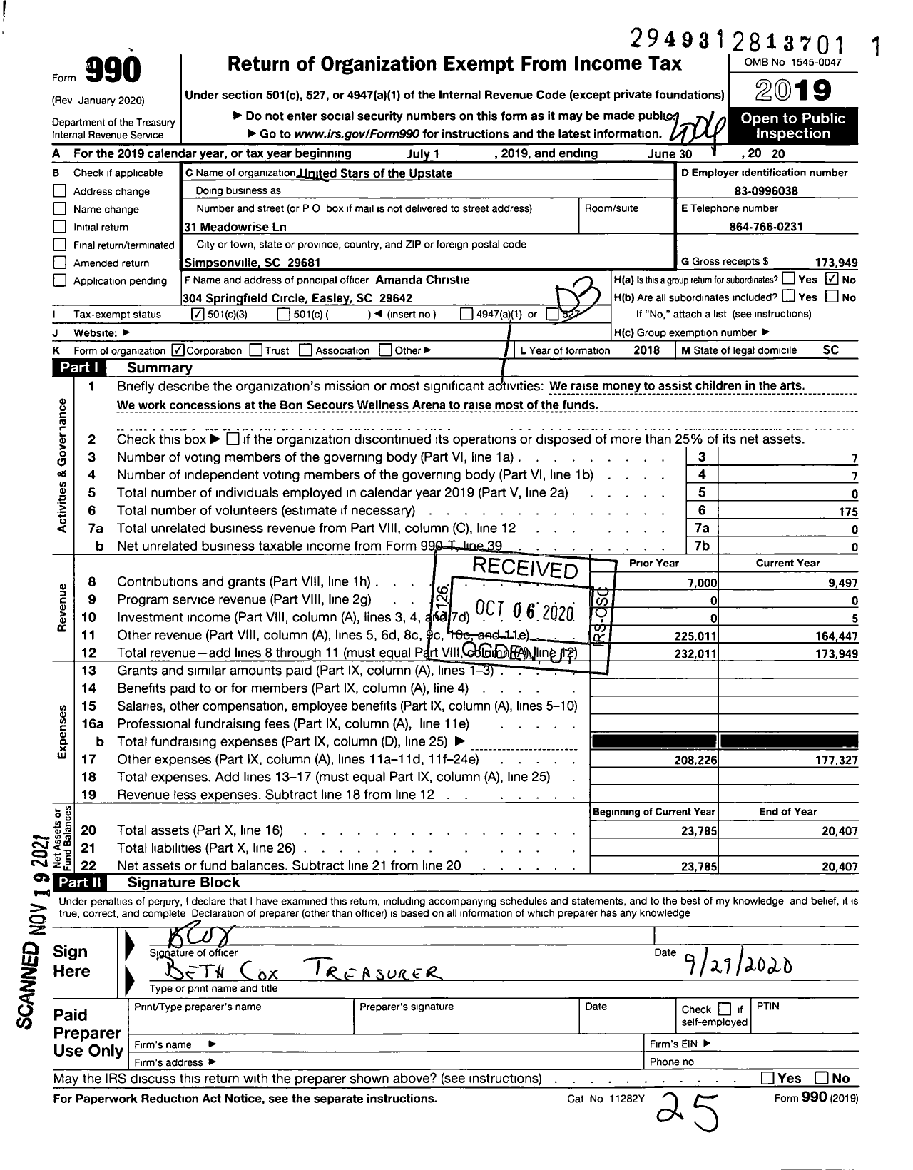 Image of first page of 2019 Form 990 for United Stars of the Upstate