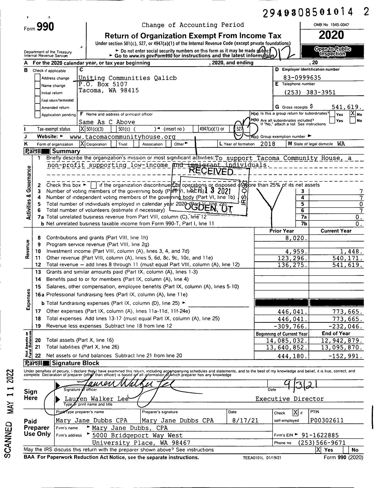 Image of first page of 2020 Form 990 for Uniting Communities QALICB