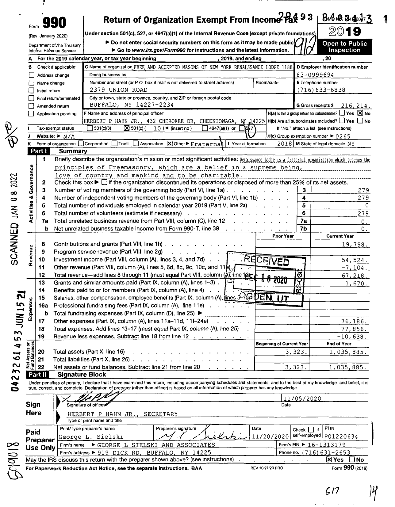 Image of first page of 2019 Form 990O for Free and Accepted Masons of New York Renaissance Lodge 1188