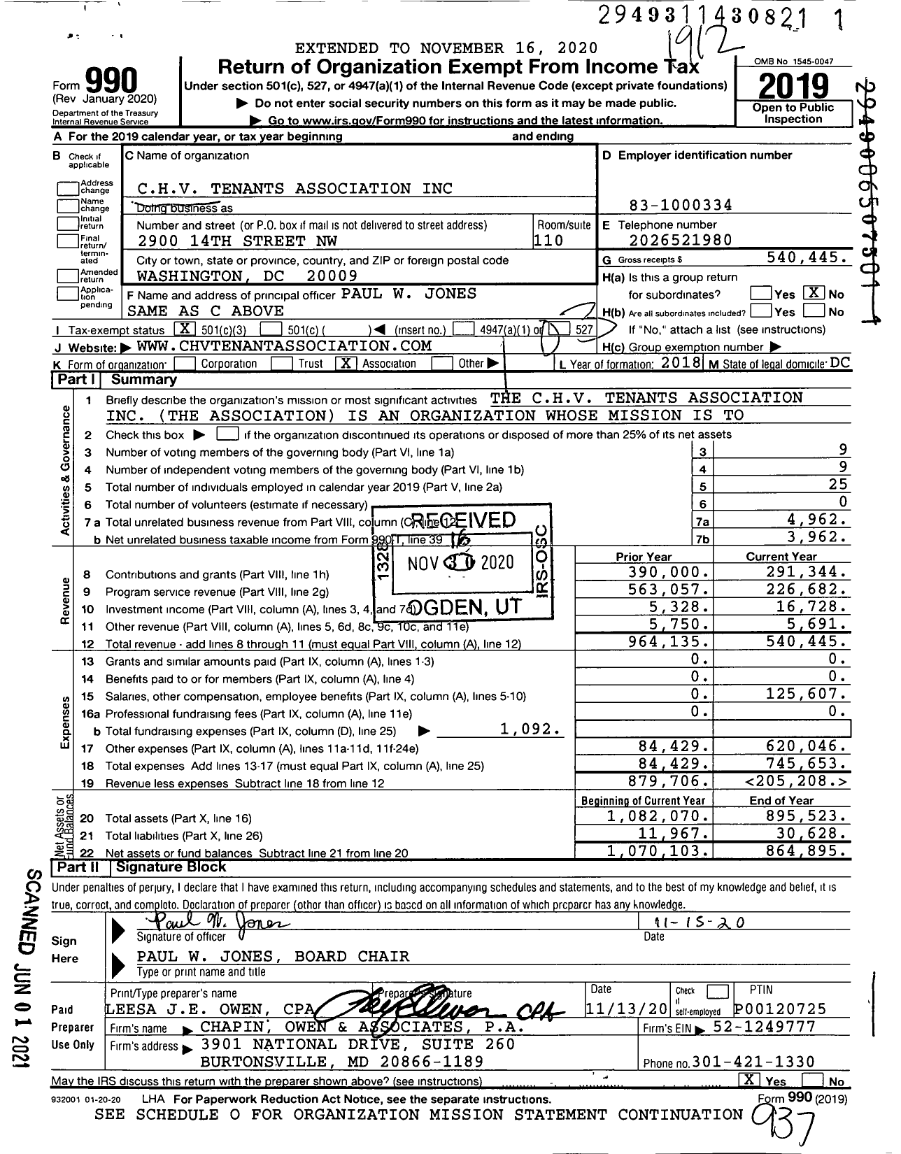 Image of first page of 2019 Form 990 for CHV Tenants Association