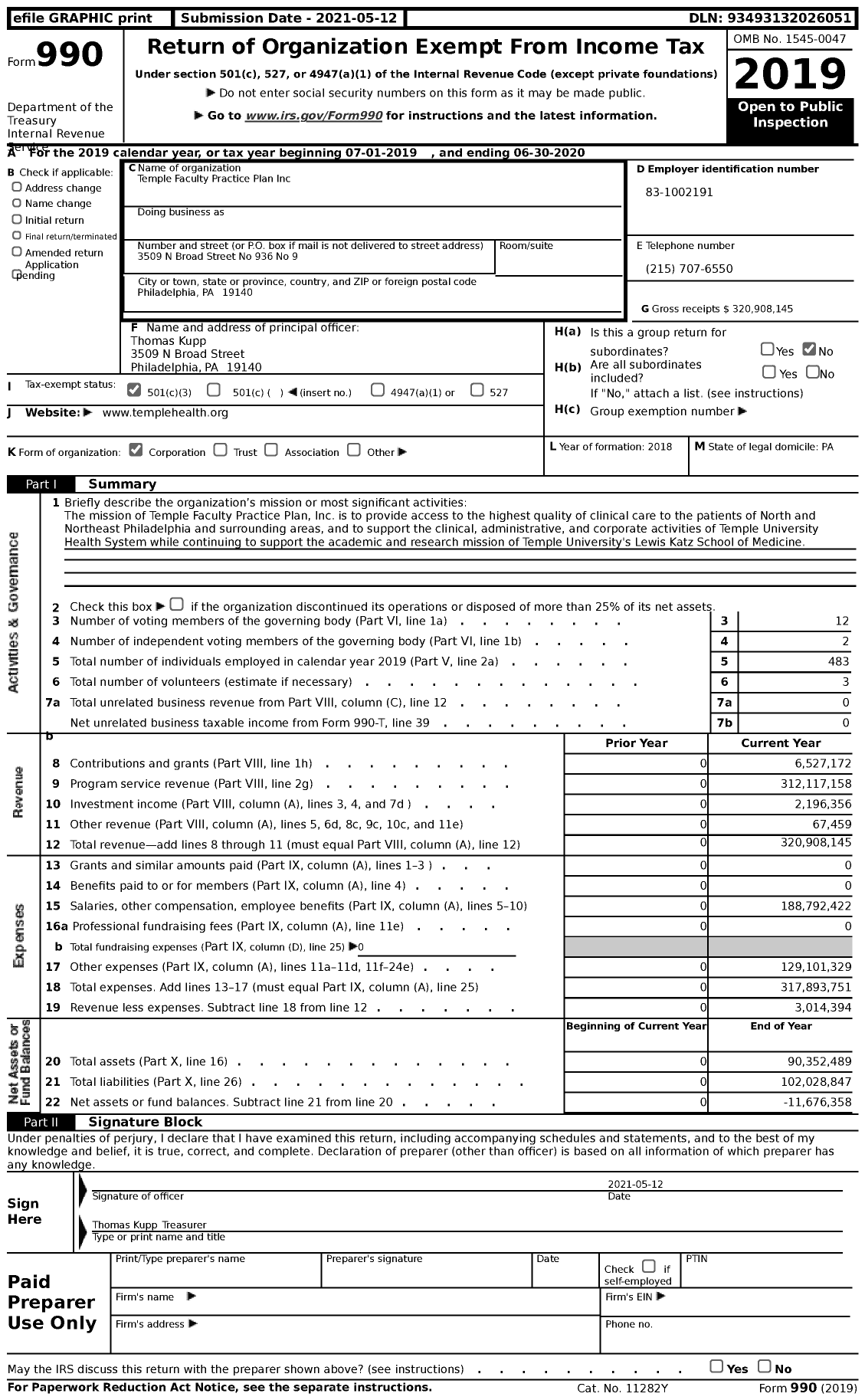 Image of first page of 2019 Form 990 for Temple Faculty Practice Plan