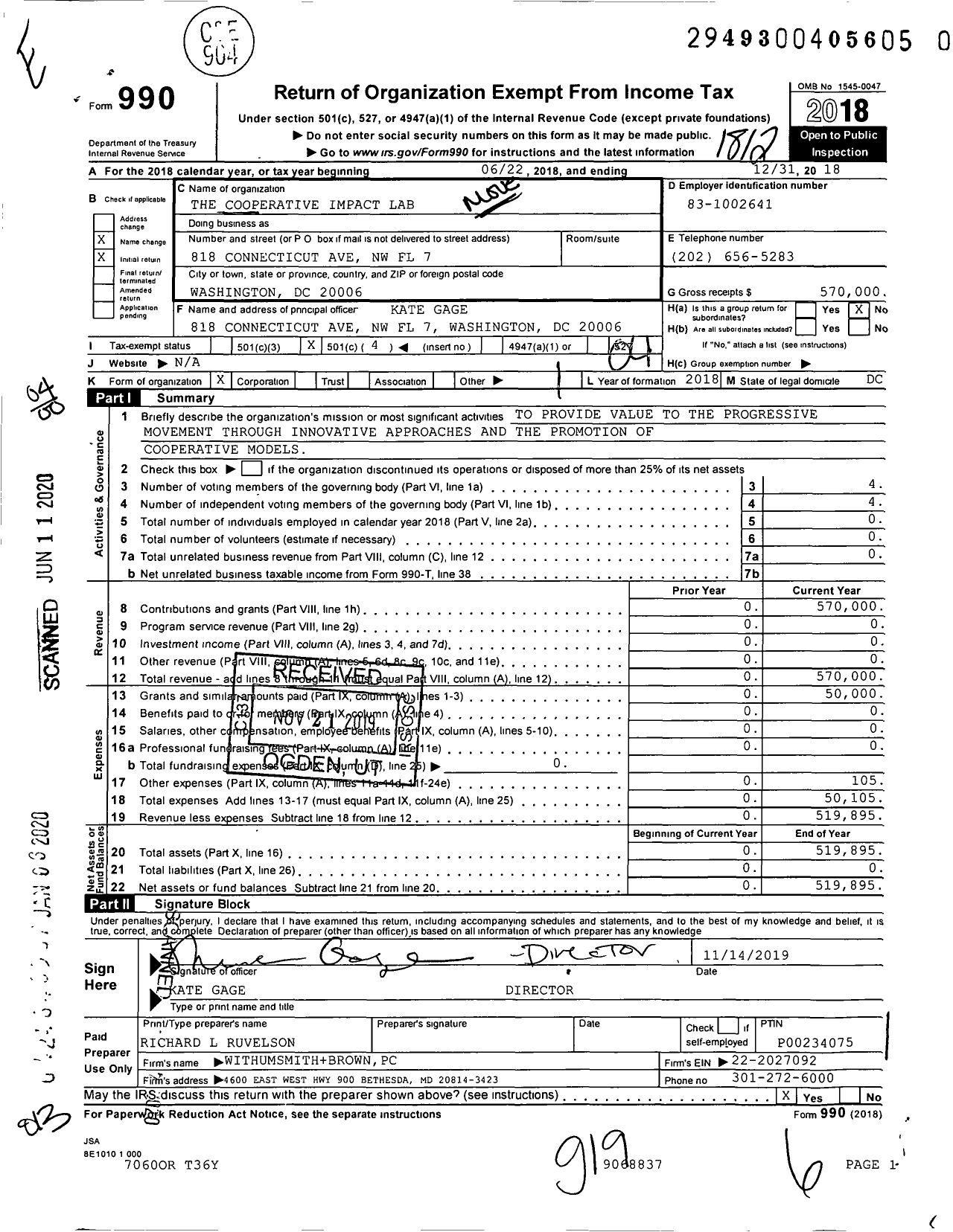 Image of first page of 2018 Form 990O for The Cooperative Impact Lab