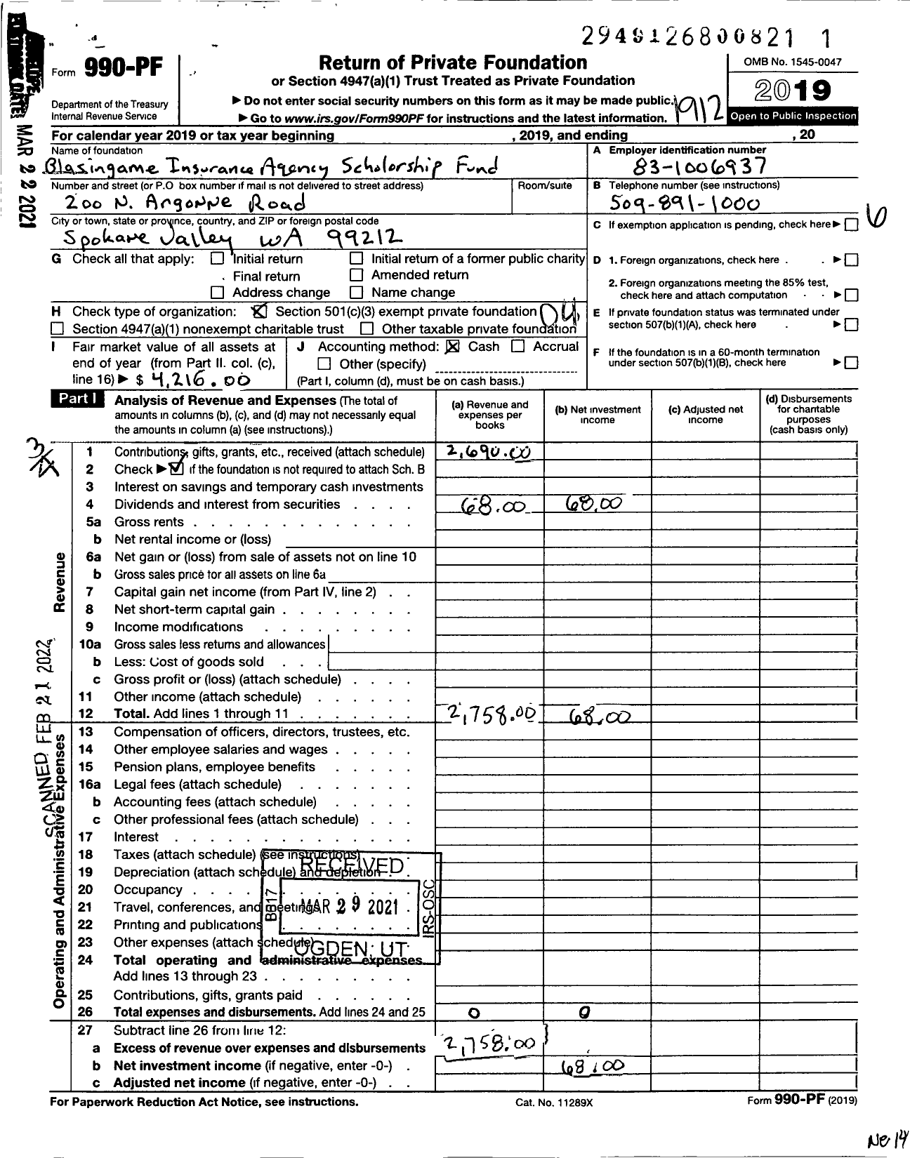 Image of first page of 2019 Form 990PF for Blasingame Insurance Agency Scholarship Fund