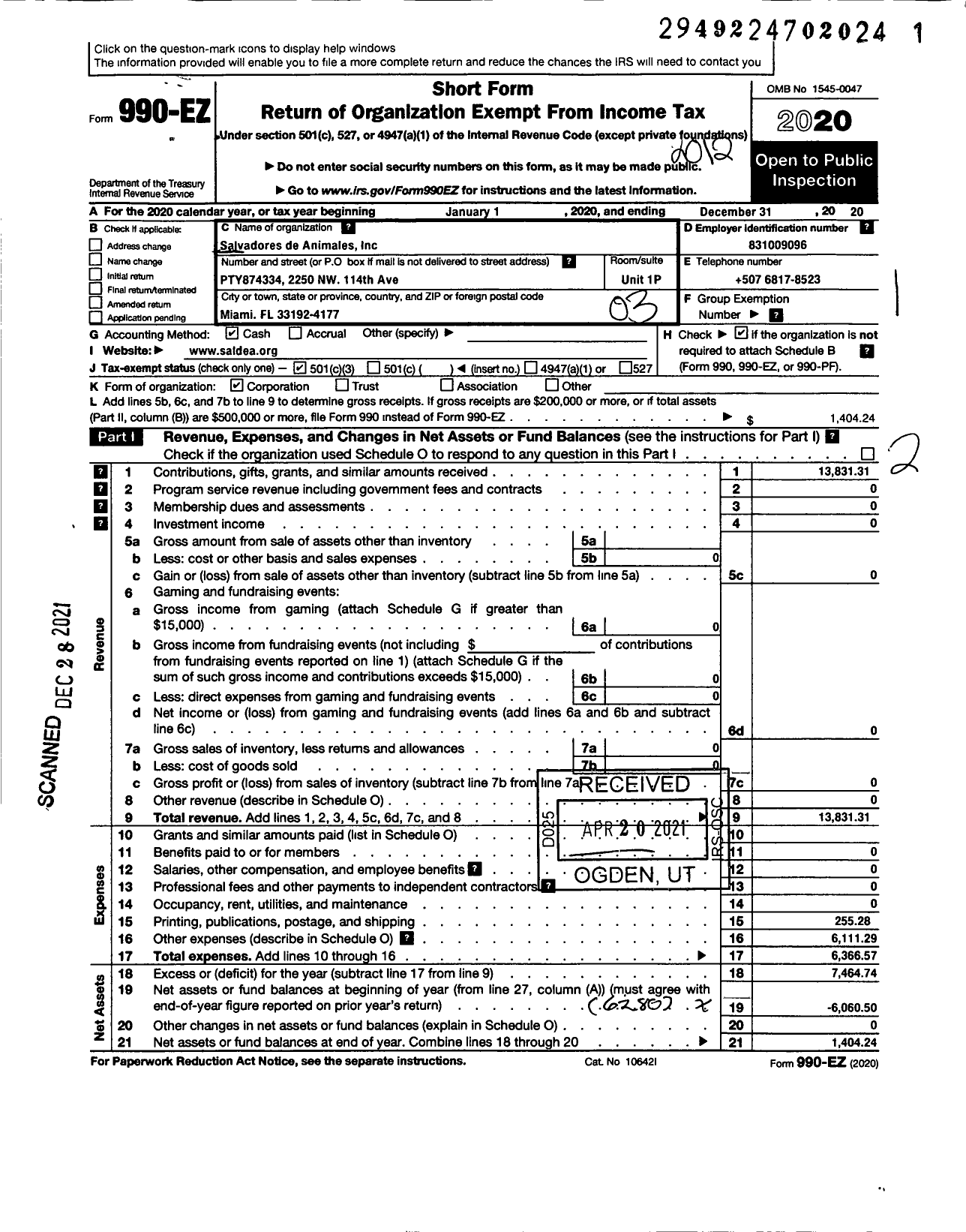 Image of first page of 2020 Form 990EZ for Salvadores de Animales